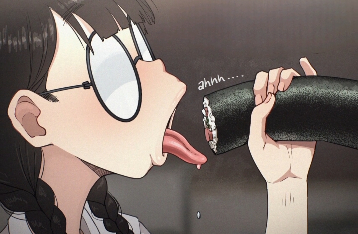 blowjob face, blowjob gesture, eating, eating food, food, geek, gesture, gesture hand, glasses, jerkoff visual assistance, long tongue, mieramommy, nerdy, pervert female, reiko mizushima, round glasses, seductive, seductive mouth, sexually suggestive, softshikioni, weird, weird girl