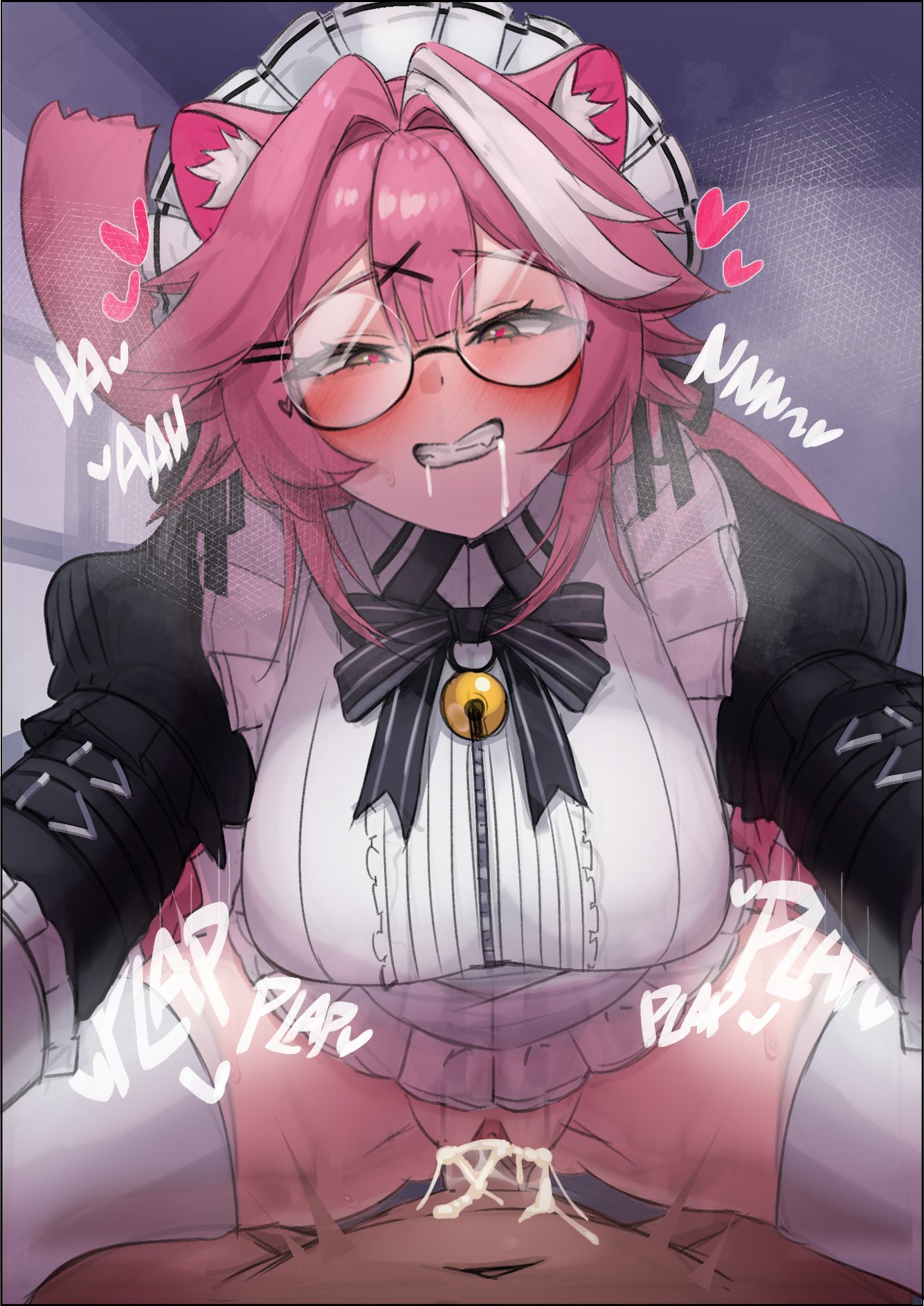 1boy, 1girls, cowgirl position, female, hololive, hololive english, hololive english -justice-, light skin, light-skinned female, light-skinned male, long hair, maid, maid outfit, male, nixour, pink hair, raora panthera, raora panthera (maid), sex, straight, virtual youtuber