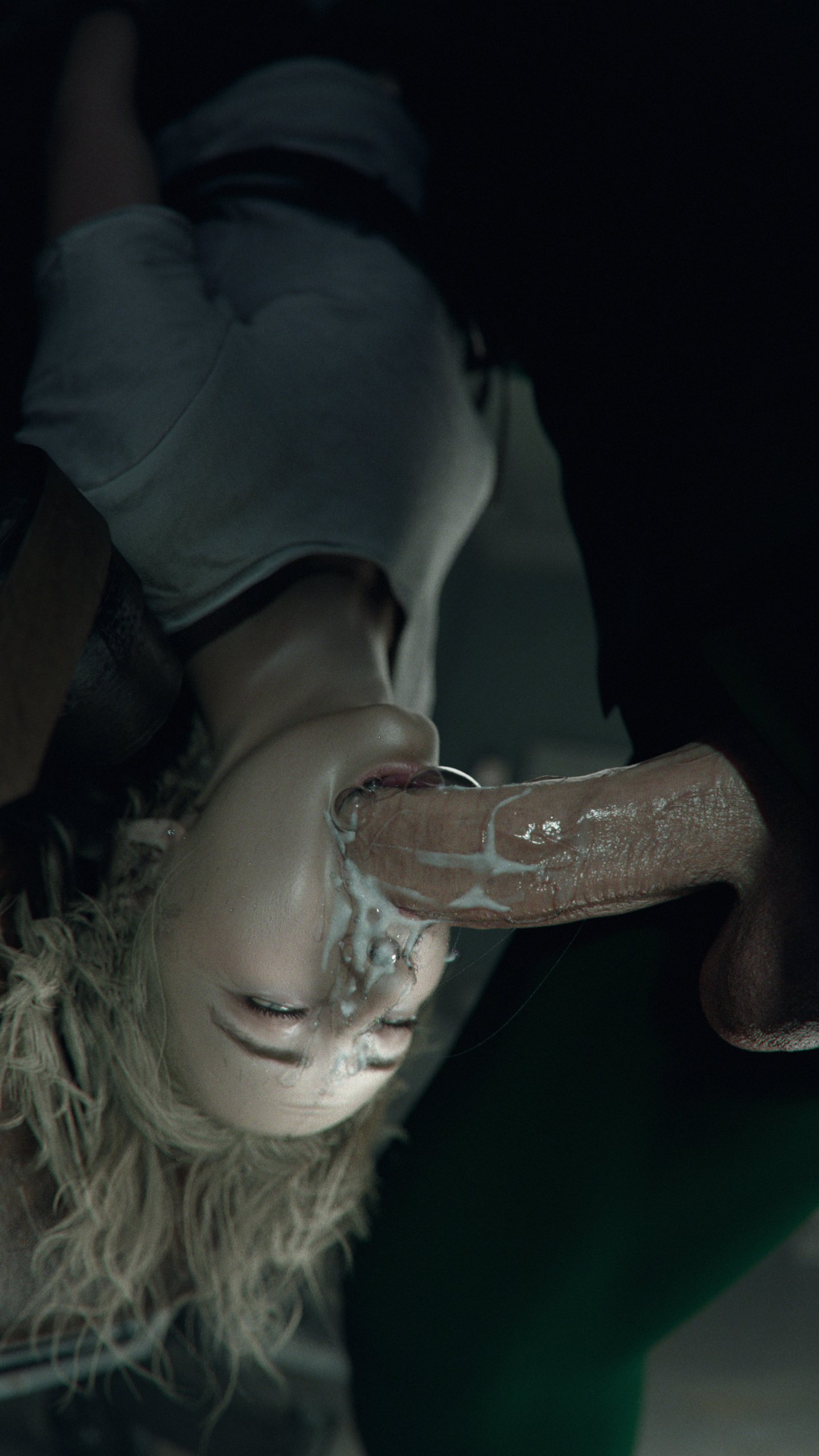 1boy, 1girls, 3d, athletic female, blonde female, blonde hair, cum, cum in mouth, cum inside, deepthroat mark, empty eyes, face fucking, fellatio, forced, grace ashcroft, grace ashcroft (julia pratt), hanging upside down, human, leaking cum, leeterr, light skin, light-skinned female, light-skinned male, oral, oral penetration, oral sex, questionable consent, rape, realistic, resident evil, resident evil 9: requiem, rough sex, throat swabbing