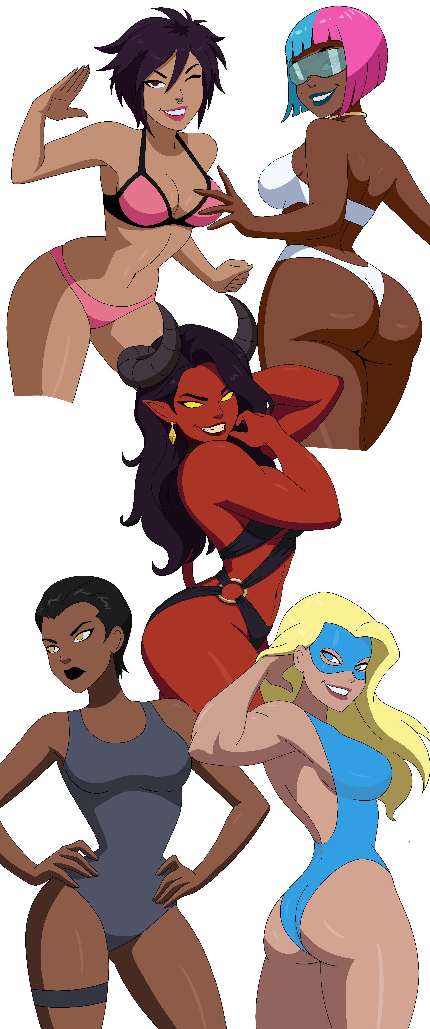 5girls, ass, black bikini, black hair, black lips, blonde blazer, blonde hair, blue bikini, blue eyes, blue lips, breasts, brown eyes, brown skin, coupe, demon girl, dispatch (game), female, female only, grey bikini, hot, invisigal, malevola gibb, mask, phantasm-art, pink bikini, pink lips, prism, red lips, red skin, sexy, white bikini, white skin, yellow eyes