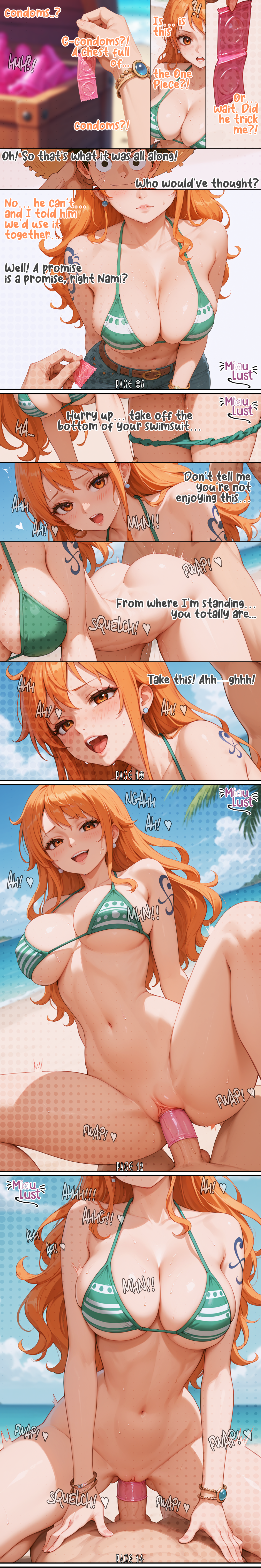 1boy, 1girls, ai assisted, ai generated, anime style, arm tattoo, beach, bikini, bikini top, blue tattoo, blush, blushing female, cleavage, comic, condom, condom on penis, condom wrapper, cowgirl position, cute, dialogue, doggy style, female, large breasts, linea alba, male, miaulust, midriff, moaning, moaning in pleasure, monkey d luffy, nami (one piece), one piece, open mouth, orange hair, orange-haired female, orgasm, orgasm face, patreon, patreon logo, patreon username, penetration, penile penetration, penis, penis in pussy, pout, red hair, riding, riding penis, self upload, sex, sex from behind, sexy, sexy body, sexy pose, sweat, sweatdrop, sweating, swimsuit, swimwear, tattoo, text, thick thighs, thighs, thin waist, tight clothing, tight pussy, toned, toned female, vagina, vaginal insertion, vaginal penetration, vaginal sex, wet, wet body