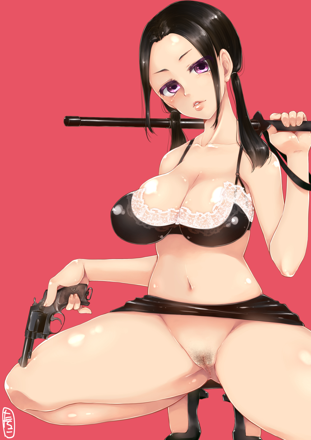 black_hair breasts cleavage endo_(pixiv) female gun hanzawa_yoruka high_heels large_breasts magical_girl_apocalypse mahou_shoujo_of_the_end pink_background pink_eyes pussy simple_background skirt solo tied_hair twintails uncensored weapon