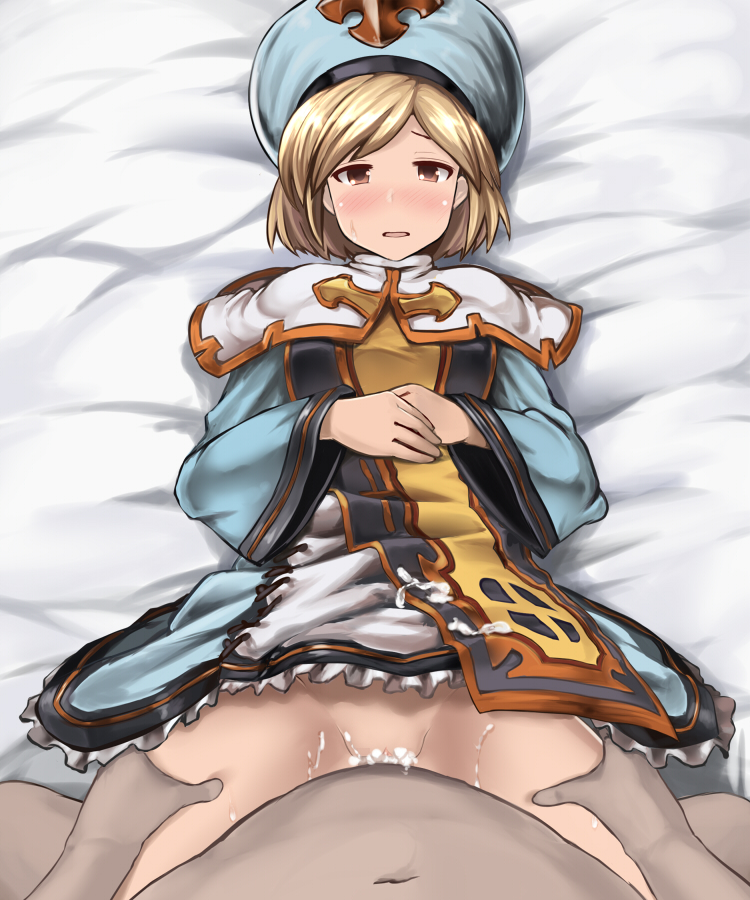 blonde_hair blush cum djeeta_(granblue_fantasy) female granblue_fantasy hat kasuka lying on_back orange_eyes penis priest_(granblue_fantasy) sex short_hair solo_focus