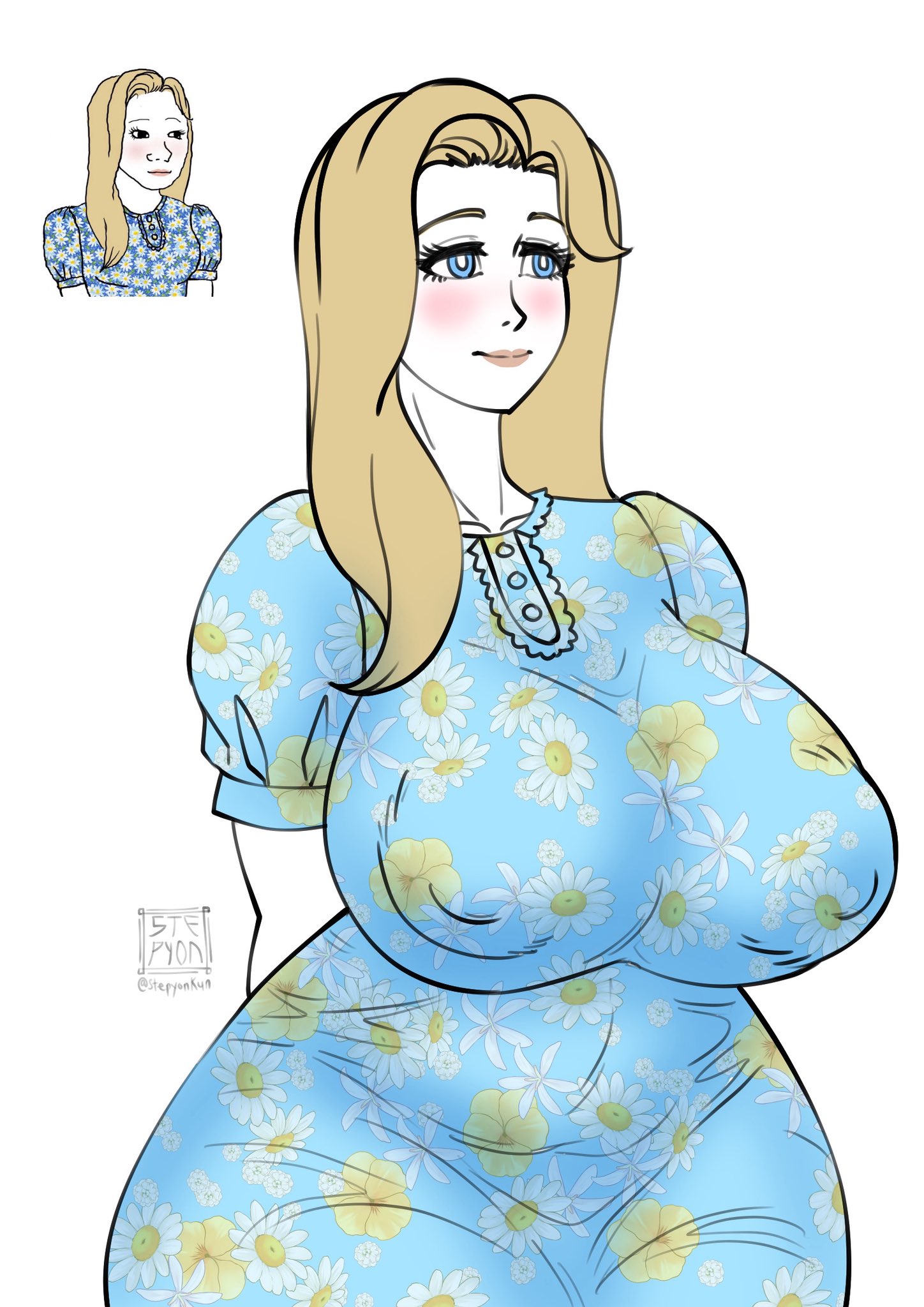 areolae visible through clothing, blonde hair, blush, female, female only, fully clothed, massive breasts, meme, stepyon, trad girl, tradwife, wojak, wojak comics