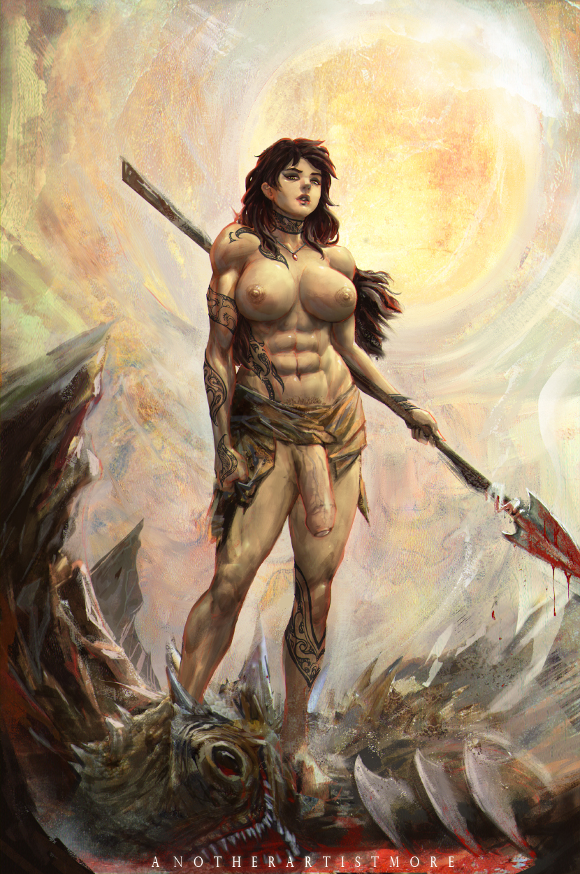 1futa abs amazon black_hair blood breasts flaccid foreskin full-length_portrait full_length futa_only futanari intersex large_breasts large_penis long_hair monster muscles muscular navel nipples painting_(artwork) paulo_barrios penis portrait pubic_hair solo solo_futa spear standing tattoo weapon