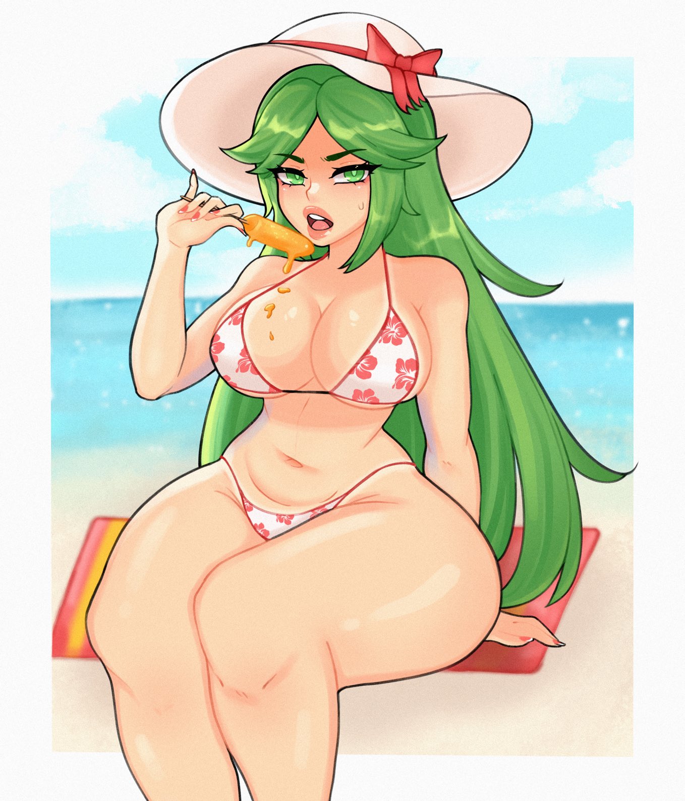 1girls, beach, bikini, green eyes, green hair, hat, kid icarus, looking at viewer, mimimows, nintendo, open mouth, outdoors, palutena, popsicle, sitting, solo