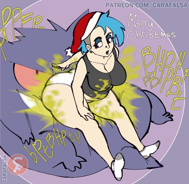 1girls, ass, big ass, big breasts, blue hair, brap, carafalsa, christmas, fart, fart cloud, fart fetish, farting, farting on object, female, female only, gassy, gassy female, gengar, goth, goth girl, nintendo, nose piercing, oc, original, original character, panties, piercings, pokemon, pokemon (species), ripping ass, santa hat, sitting, solo, someone else's oc, thick thighs, thighs, white panties, wide hips