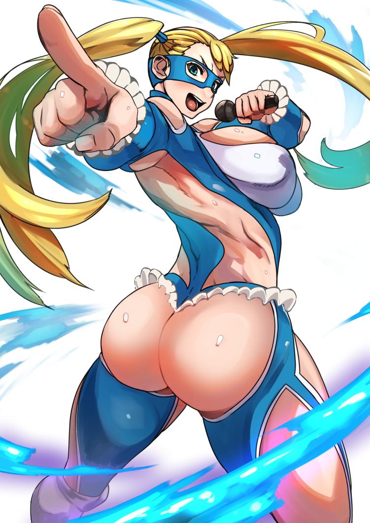 ass, blonde hair, boots, breasts, capcom, costume, curvy, female, female only, huge ass, human, large ass, large breasts, looking back, mask, nuezou, rainbow mika, shiny, solo, street fighter, thick thighs, tied hair, twintails, wide hips