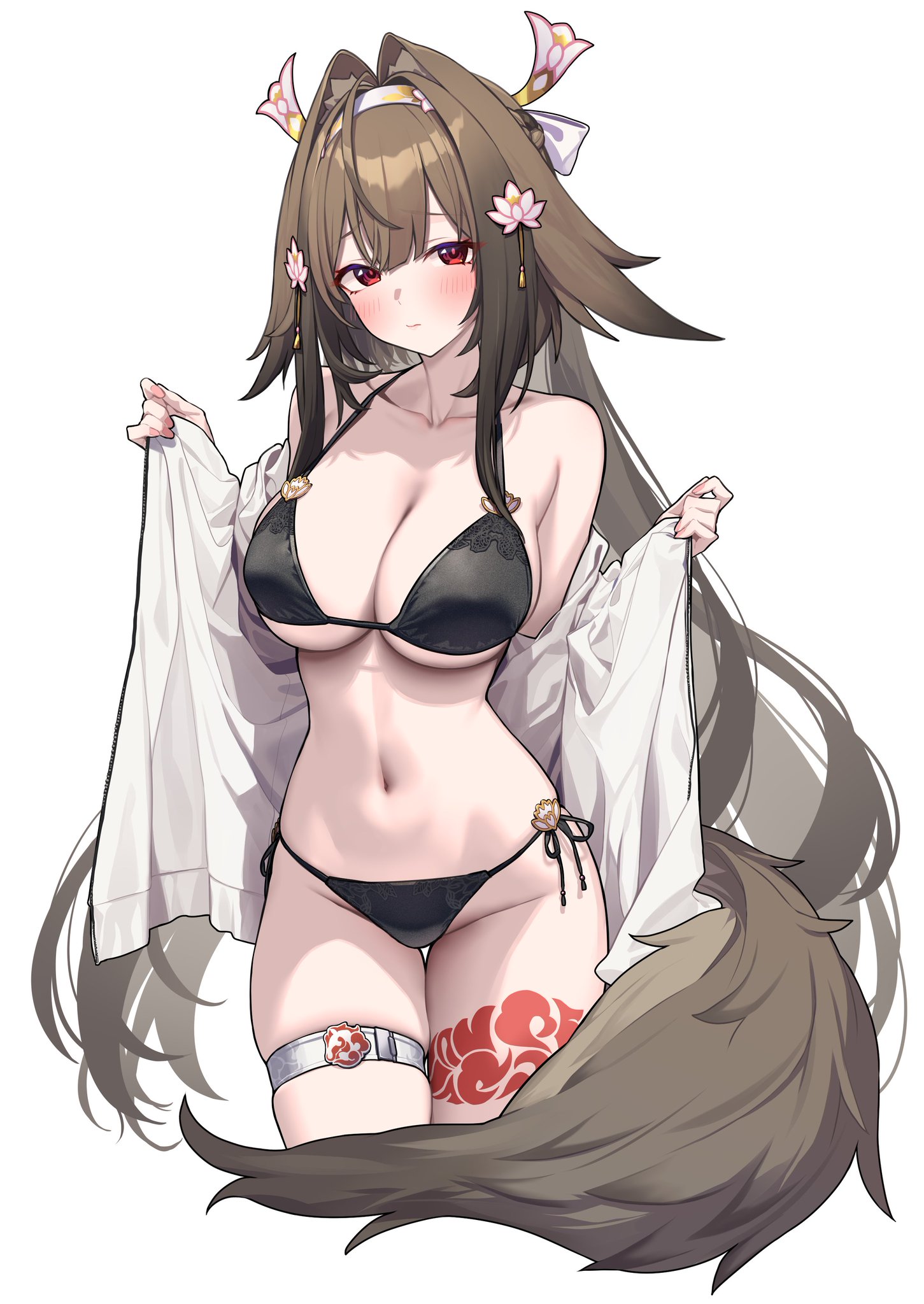1girls, animal ears, black lingerie, breasts, brown hair, exposed breasts, female, hoyoverse, lingerie, long hair, mihoyo, undressing, very long hair, ye shunguang, zenless zone zero