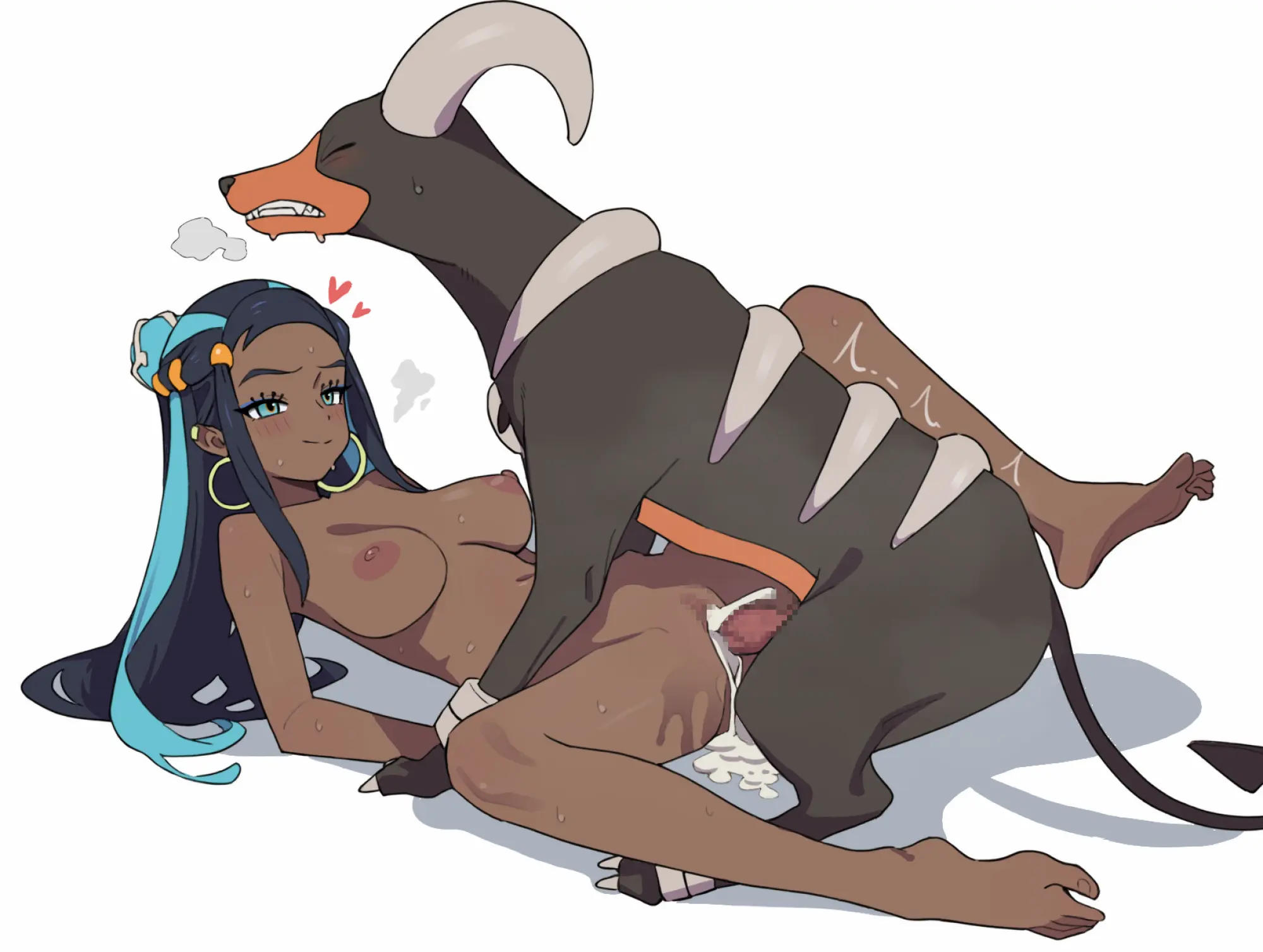 1boy, 1girls, bestiality, blue eyes, boobs, breasts, brown skin, brown-skinned female, canine, canine on human, canine penis, censored, cock, completely nude, completely nude female, cum, cum in pussy, cum inside, dick, dog, ejaculation, female, female on feral, feral, feral on female, feral on human, feral penetrating, feral penetrating human, genitals, hentamonn, houndoom, human female, human on feral, human penetrated, loving it, male, mascara, missionary position, mosaic censoring, nessa (pokemon), nipples, no bra, no panties, nude, nude female, orgasm, penis, pokemon, pokemon (species), pokemon ss, pokephilia, semen, sex, thick thighs, thighs, tits, vagina, vaginal, vaginal insertion, vaginal penetration, vaginal sex, zoophilia