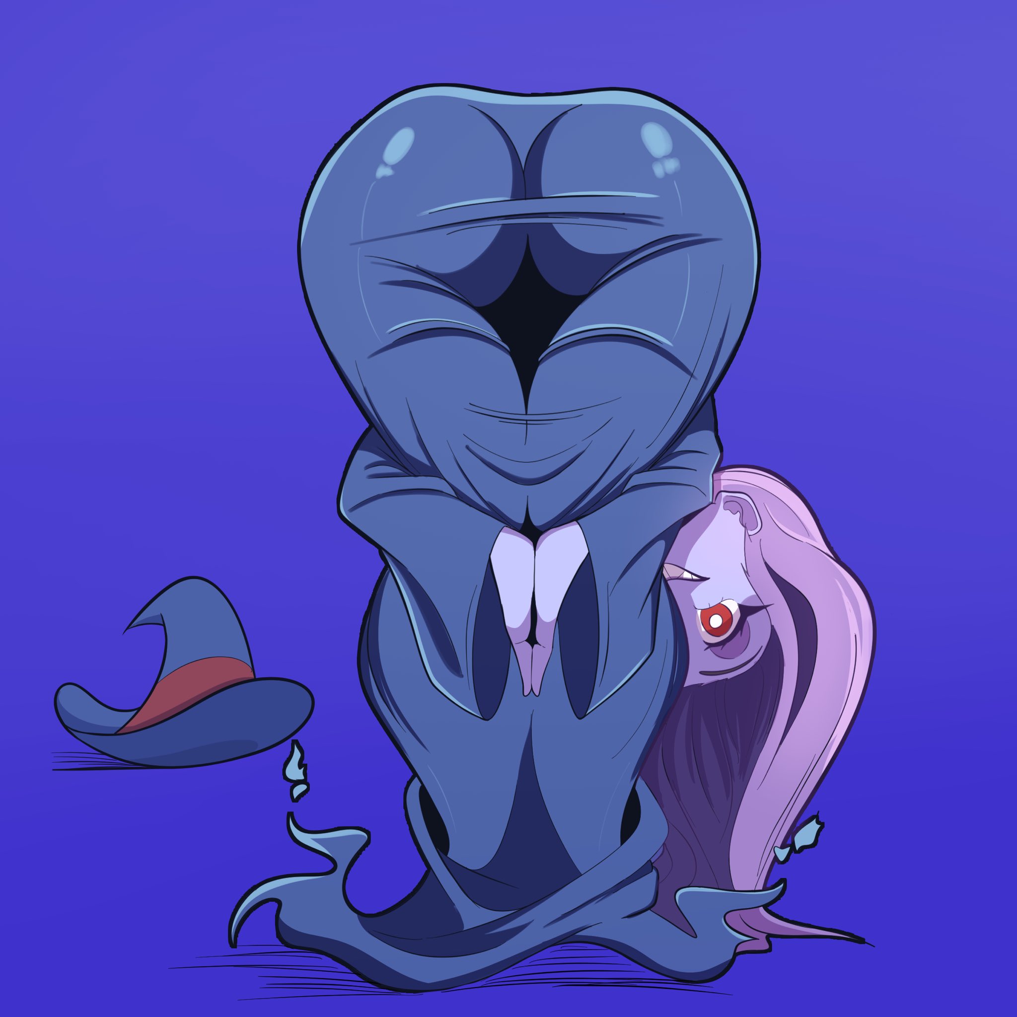 1girls, ass, ass focus, bent over, big ass, from behind, hair over one eye, hat, huge ass, little witch academia, long hair, looking at viewer, looking back, neondraws20, praise da booty (meme), purple background, purple hair, red eyes, solo, sucy manbavaran, tagme, witch, witch hat