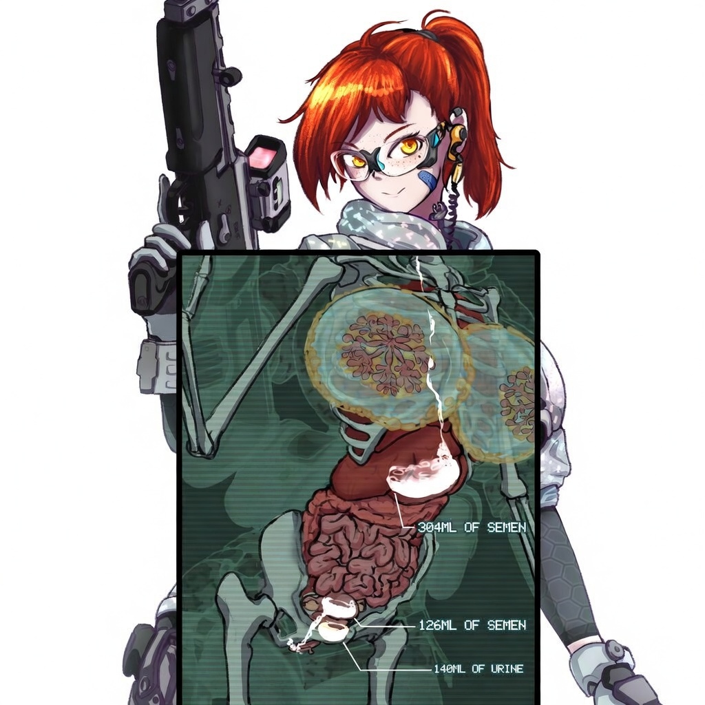1girls, ai generated, assault rifle, breast implants, cum in stomach, cum in throat, cum in uterus, deathfactory, fake breasts, female combatant, female villain, freckles, freckles on face, ginger, ginger female, ginger hair, grok, grok imagine, huge breasts, intestinal fluids, intestines, intestines filled, lactation, large breasts, milk in breasts, mole under eye, ponytail, realistic anatomy, red hair, red-haired female, redhead, redhead female, redheaded female, rifle, skeleton, tactical clothes, tactical gear, tactical glasses, tactical gloves, thin eyebrows, third party edit, third-party edit, urine in bladder, villainess, x-ray, x-ray view, yellow eyes, yellow-eyed female, zako