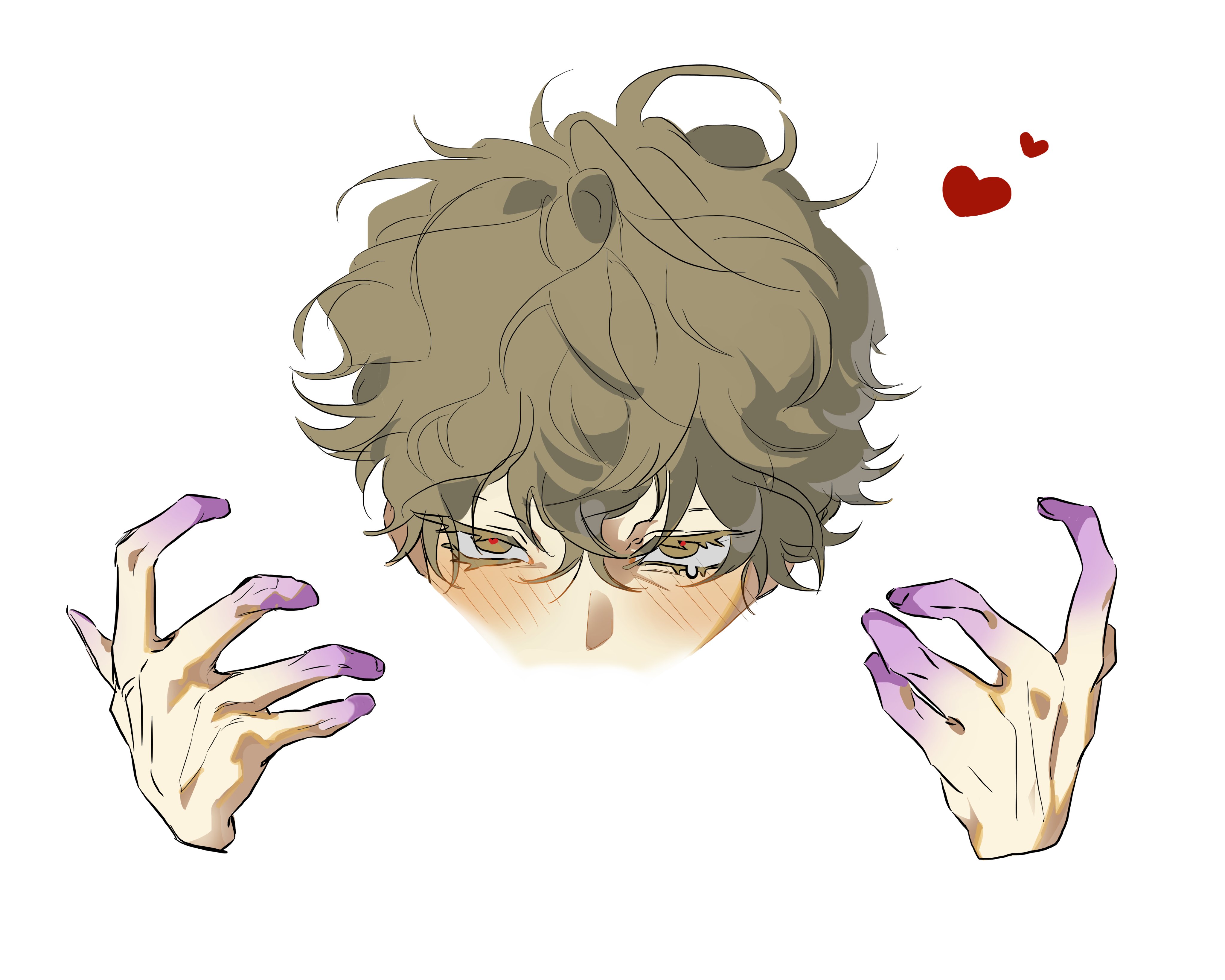 1boy, alien stage, blonde eyelashes, blonde hair, colored extremities, cunnilingus, heart, heart-shaped pupils, implied cunnilingus, luka (alien stage), neamchua, negative space oral (meme), short hair