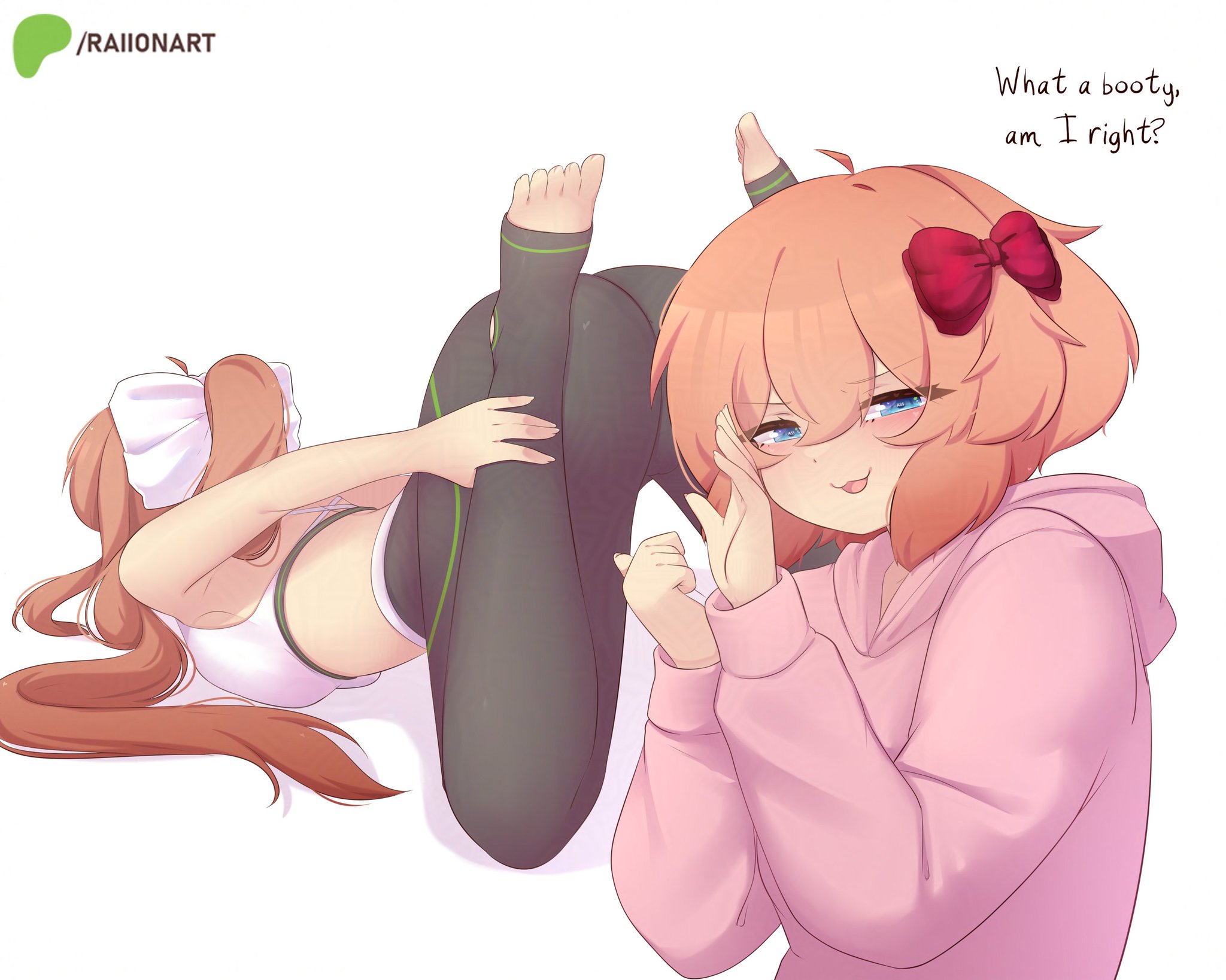 2girls, ass, big ass, bisexual, bisexual female, blue eyes, breasts, brown hair, coral pink hair, cute, cute face, cute female, doki doki literature club, encouragement, encouraging viewer, fat ass, female focus, female only, green eyes, large ass, looking at viewer, monika (doki doki literature club), pansexual, pansexual female, pointing, pointing at another, pointing at ass, ponytail, raionart, red bow, sayori (doki doki literature club), short hair, sky blue eyes, stirrup leggings, stirrup legwear, strawberry blonde hair, talking to viewer, thick ass, thick hips, thick legs, thick thighs, twitter username, unaware, whispering, white bow