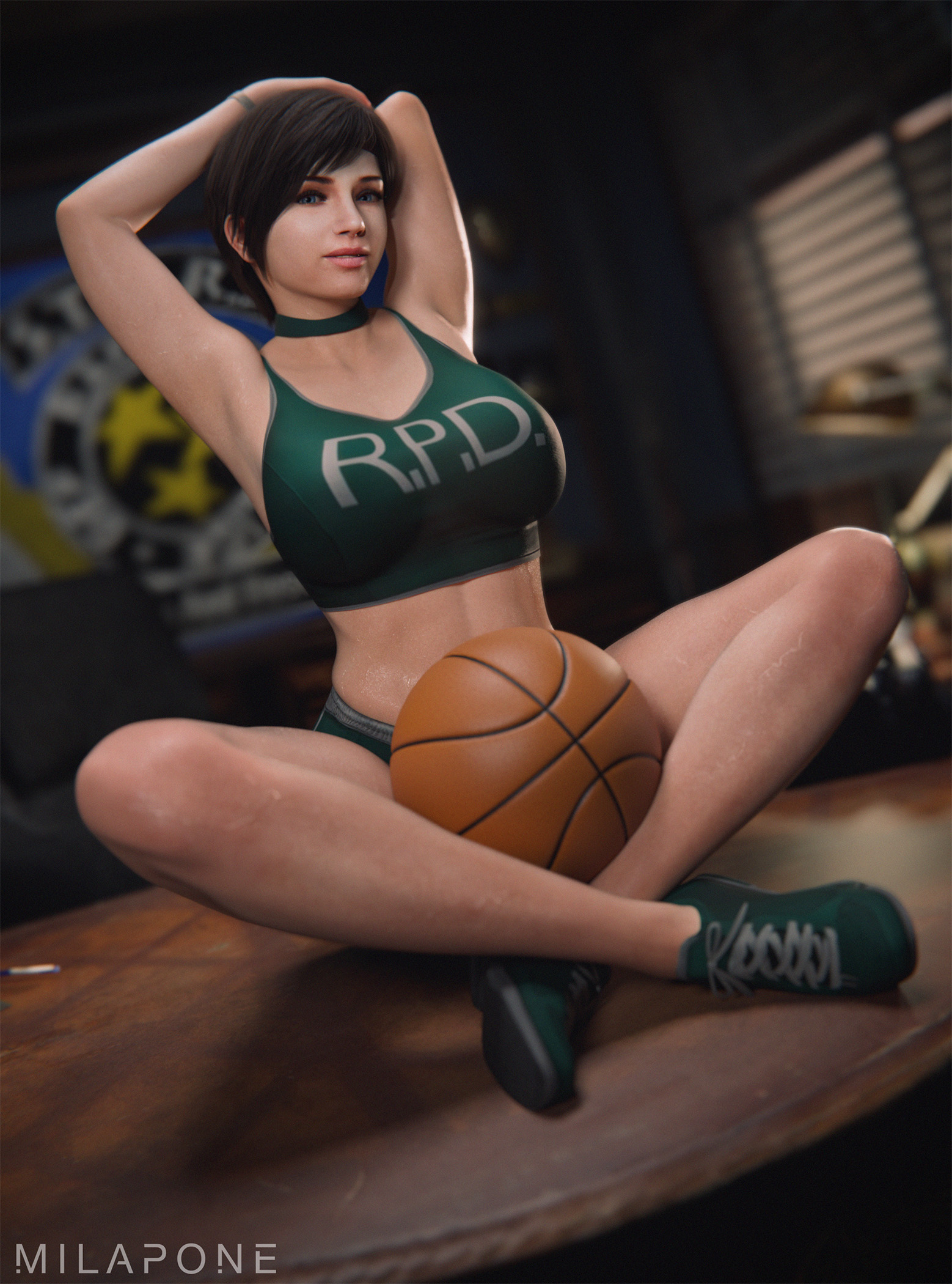 1girls, 3d, 3d (artwork), alternate costume, armpits, basketball, basketball (ball), basketball uniform, big breasts, breasts, brown hair, brown hair female, brunette female, brunette hair, collar, female, female focus, female only, gym bottomwear, gym clothes, gym clothing, gym shirt, gym shorts, gym uniform, large boobs, large breasts, light skin, light-skinned female, milapone, rebecca chambers, resident evil, short hair, short hair female, solo, solo female, solo focus, sports bra, sports shoes, sports shorts, sports uniform, sportswear