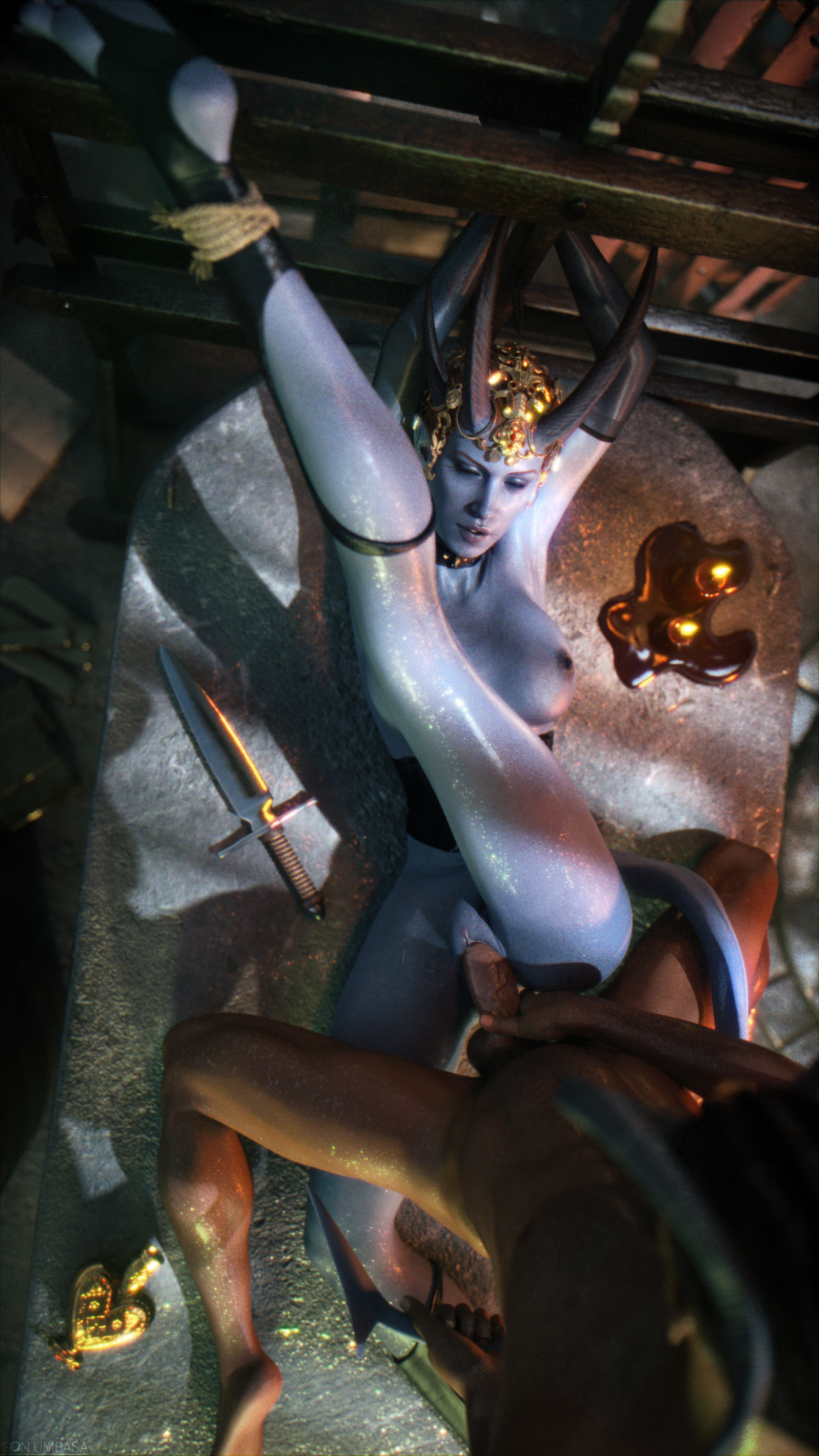 3d, 4k, absurd res, absurd resolution, absurdres, athletic male, baldur's gate, baldur's gate 3, big penis, blender (software), blue skin, blue-skinned female, cambion, candles, dark skin, dark-skinned male, demon girl, demon humanoid, demon tail, devil, devil girl, devil horns, devil tail, dungeons and dragons, enemies, enemies having sex, enemies with benefits, fantasy, forgotten realms, ginger hair, half-demon, hero on villainess, horn, horns, human, human on humanoid, human penetrating humanoid, humanoid, knife, larian studios, medieval fantasy, mizora, pleasure face, pubic hair, red hair, redhead female, rope, rope bondage, shaved crotch, shaved pussy, small breasts, son umbasa, tail, tied up, tied up female, vaginal penetration, vaginal sex, veiny penis, villainess, villainess sub, wet, wet skin, wyll ravengard