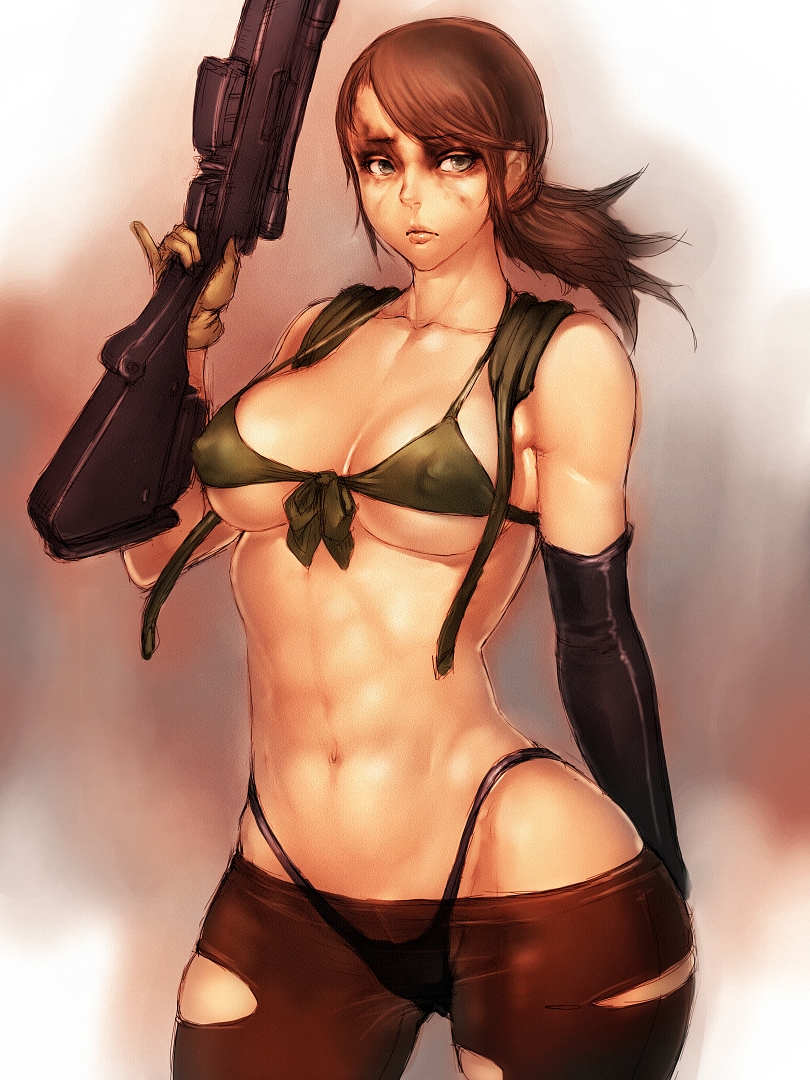 1girls abs bikini brown_hair cleavage female female_only fully_clothed fumio_(rsqkr) mascara metal_gear_solid metal_gear_solid_v navel pantyhose ponytail quiet_(metal_gear) revealing_clothes skimpy_clothes sniper_rifle solo standing thong tied_hair torn_pantyhose underboob weapon