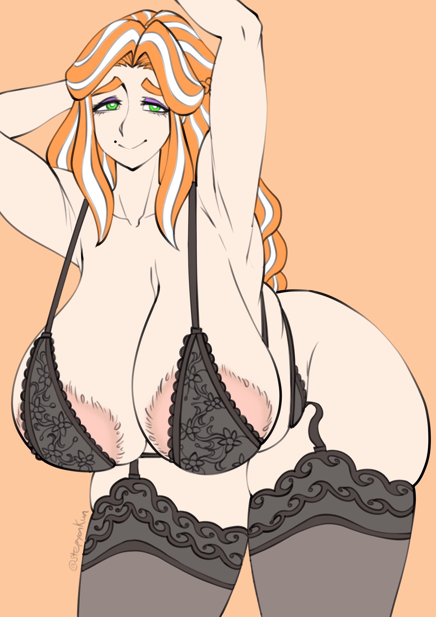 armpits, arms up, black lingerie, bra too small, breasts bigger than bra, cassandra (stepyon), curvy, female, female only, garter, green eyes, lingerie, massive areolae, massive breasts, pulling hair, red hair, stepyon, thick thighs