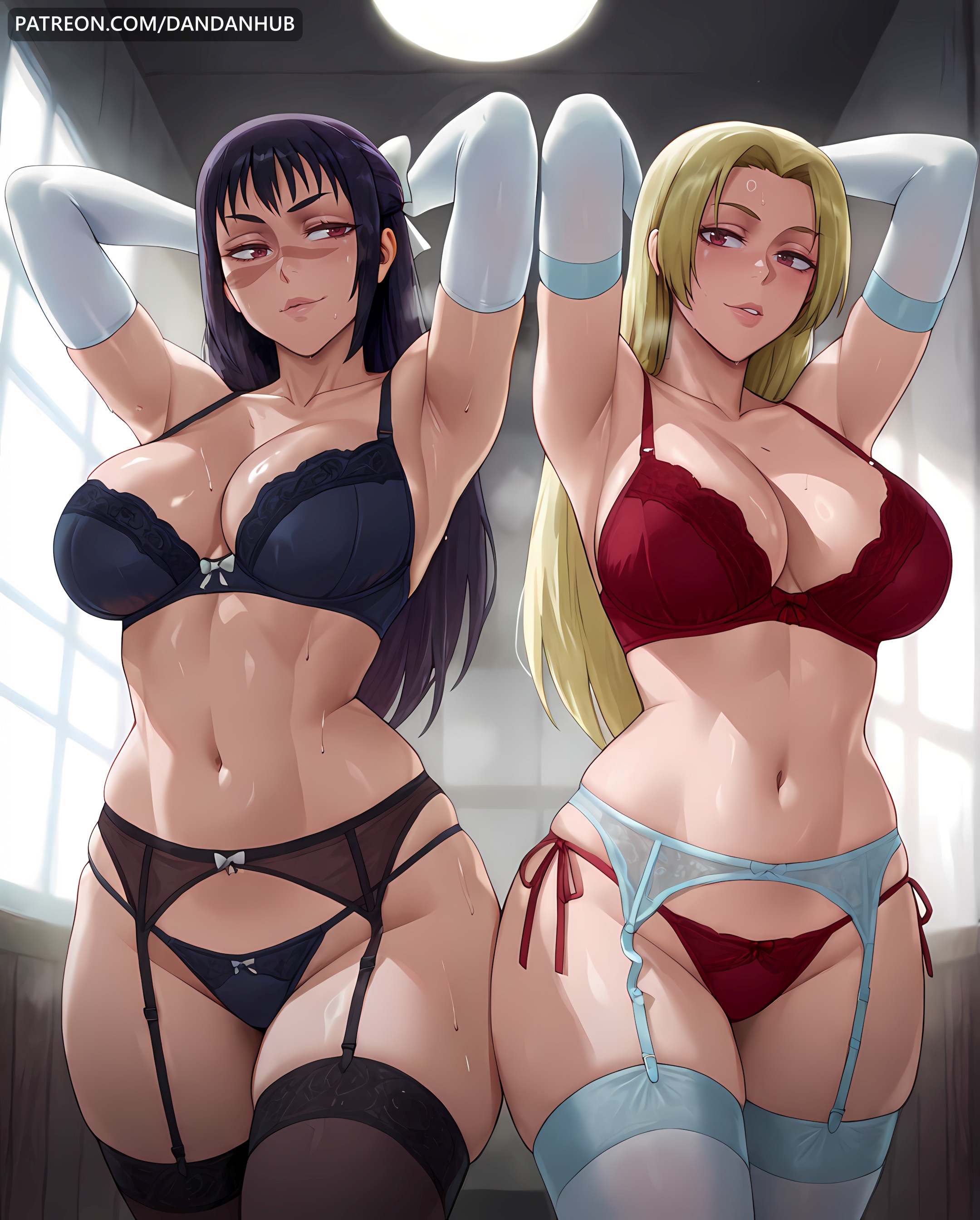2girls, ai generated, armpits, arms behind head, arms up, black bra, black hair, black panties, blonde hair, blue bra, blue panties, bow, bra, breasts, cleavage, collarbone, dandanhub, elbow gloves, female, female only, garter belt, garter straps, gloves, indoors, jujutsu kaisen, large breasts, lingerie, lips, long hair, looking at viewer, multiple girls, navel, panties, parted lips, red bra, red eyes, red panties, scar, scar on face, side-tie panties, skindentation, smile, sweat, thick thighs, thighhighs, thighs, underwear, utahime iori, white gloves, window, yuki tsukumo
