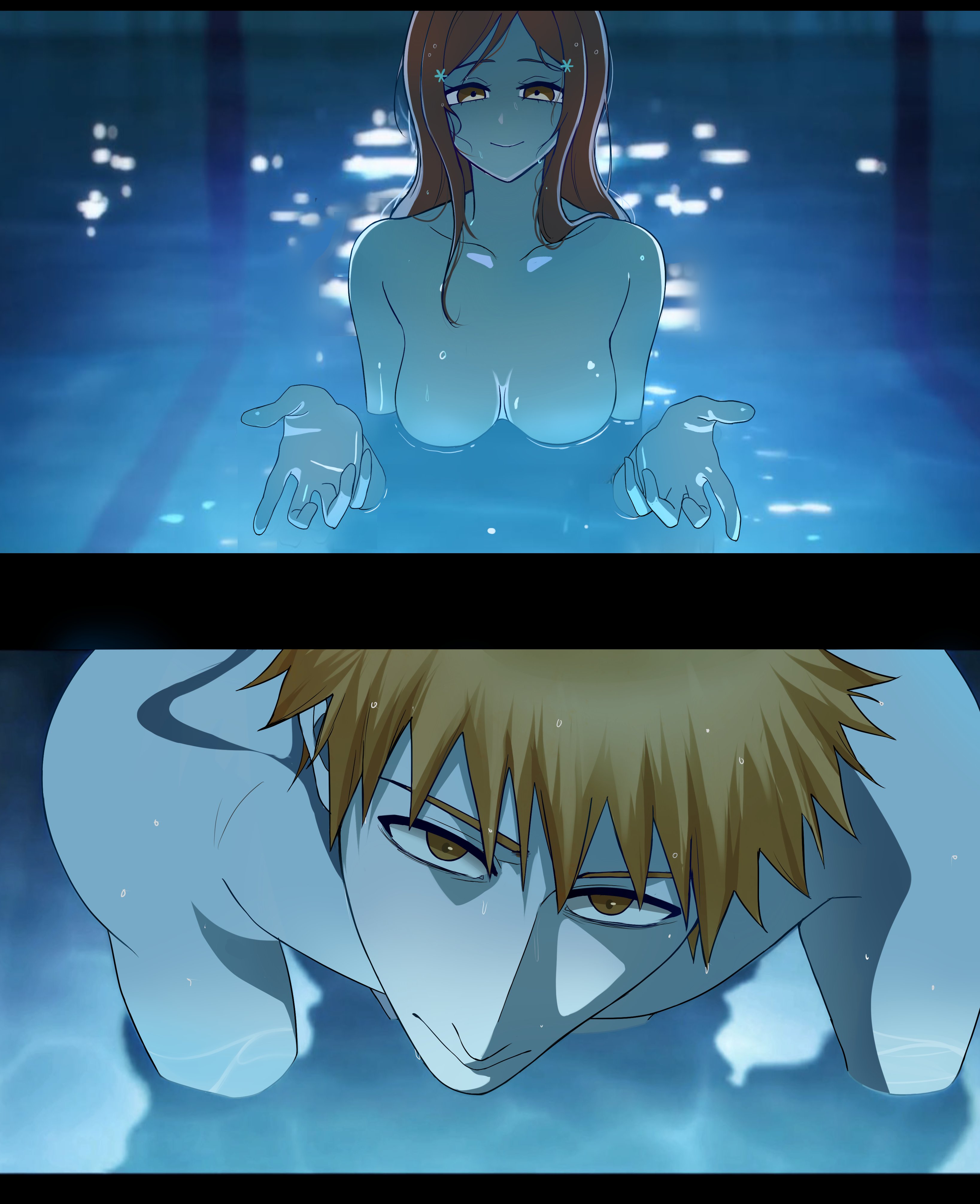 1boy, 1girls, absurd res, big breasts, bleach, brown eyes, chainsaw man, cinderserra, closed mouth, hair ornament, hairclip, high res, i'll teach you everything (chainsaw man), ichigo kurosaki, inoue orihime, kurosaki ichigo, long hair, looking at viewer, nude, orange hair, partially submerged, pool, reze in the pool (meme), scene reference, sela (chanppu), short hair, skinny dipping, smile, snowflake hair ornament, straight, swimming pool, water, wet