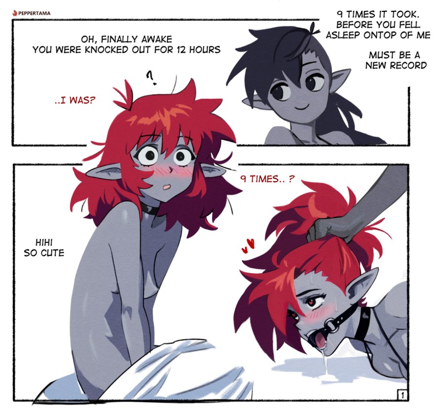 2d, 2girls, black hair, blush, blushing, breasts, comic, comic page, comic panel, comic strip, couple, couple (romantic), cute, cute expression, cute face, dark eldar, dialogue, dommy mommy, drukhari, english text, female, female only, gagged, gagged female, goth, goth girl, hair grab, hair pulling, lesbian, lesbian sex, long hair, long ponytail, midriff, muscular female, nipples, no outlines, open mouth gag, peppertama, ponytail, red hair, red hair female, ring gag, short hair, shy, small breasts, text, very long hair, warhammer (franchise), warhammer 40k, yuri