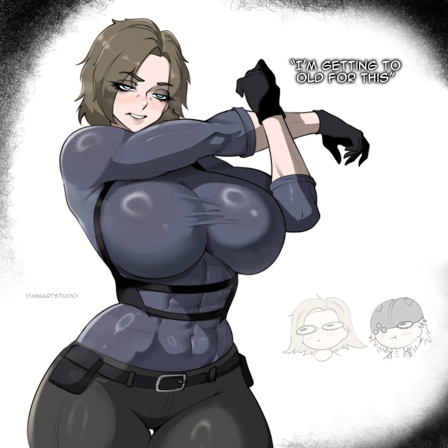 2d, 2girls, big ass, big breasts, blonde hair, blush, blush lines, breasts, breasts bigger than head, female, female focus, genderswap, genderswap (mtf), grace ashcroft, huge breasts, leon scott kennedy, male, mature female, milf, omniartstudio, resident evil, resident evil 9: requiem, rule 63, skindentation, thick thighs, tight fit, victor gideon
