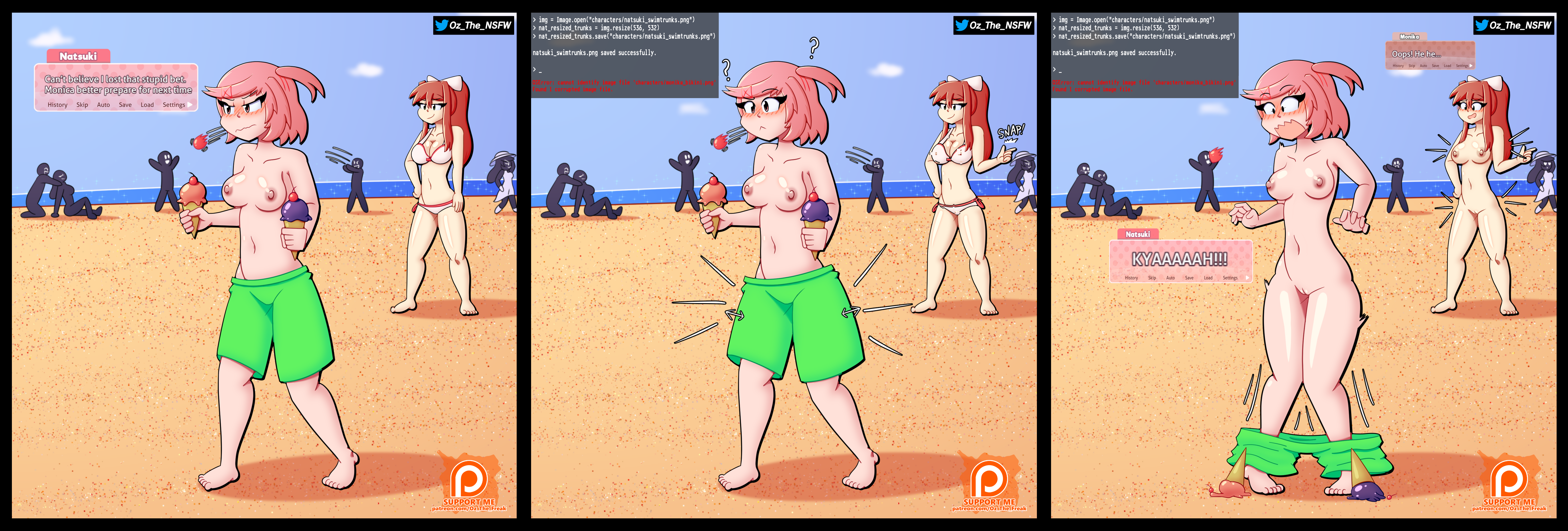 2girls, angry, angry face, assisted exposure, beach, blush, bottomless, breaking the fourth wall, breasts, casual exposure, casual nudity, challenge, clothed female nude female, clothes removed, comic, doki doki literature club, embarrassed, embarrassed nude female, embarrassing outfit, enf, english text, exhibitionism, exhibitionist, female, female focus, forced exposure, humiliation, lost bet, male swimwear challenge, medium breasts, monika (doki doki literature club), multiple girls, natsuki (doki doki literature club), oz the freak, pants down, pink hair, public exposure, public humiliation, public nudity, pussy, suddenly naked, swimming trunks, text, topless, topless female, wardrobe malfunction