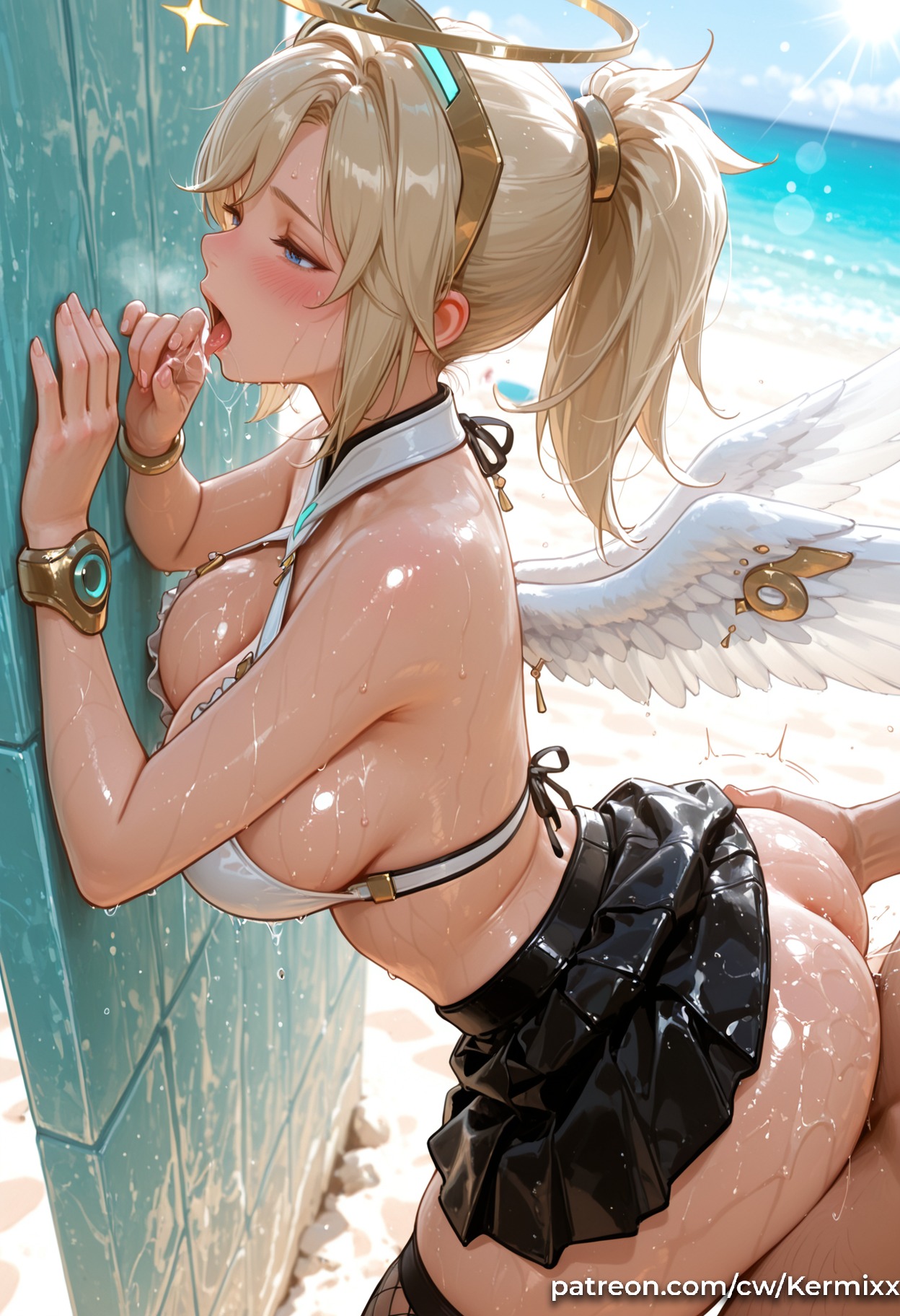 1boy, ai generated, armpits, ass, bangs, black dress, blonde hair, blush, breasts, choker, cleavage, clothed female nude male, corset, couch, deepthroat, dress, earrings, erection, fellatio, female, hair ornament, half-closed eyes, implied fellatio, indoors, jewelry, kermixx, large breasts, long hair, male pubic hair, mercy, nude, oral, overwatch, penis, pubic hair, short dress, sitting, solo focus, straight, sweat, testicles, thighhighs, thighs, toeless legwear
