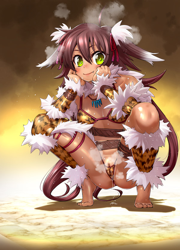 ahoge animal_ears barefoot bella_(sennen_sensou_aigis) bikini blush brown_hair cute_fang fang_out female fur_trim green_eyes long_hair looking_at_viewer pussy_juice pussy_peek sasayuki sennen_sensou_aigis smile squatting swimsuit tiger_print