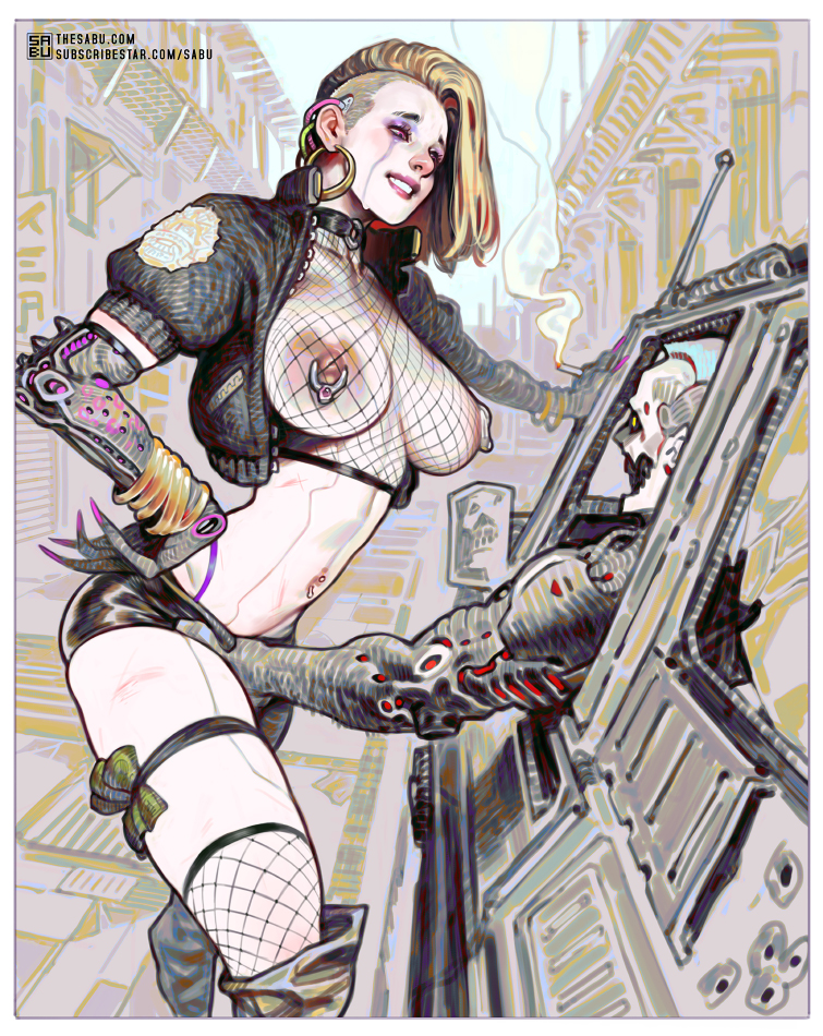 areola, areolae, big breasts, breasts, car, collar, cybernetic arm, cybernetic limb, cybernetics, cyberpunk, earrings, female, female focus, fishnets, grabbing pussy, groping, groping pussy, light skin, light-skinned female, male, mind control, money, naked, naked female, nipple piercing, nipples, nude, nude female, piercing, prostitute, prostitution, pussy grab, revealing clothes, sabudenego, skimpy clothes, tears