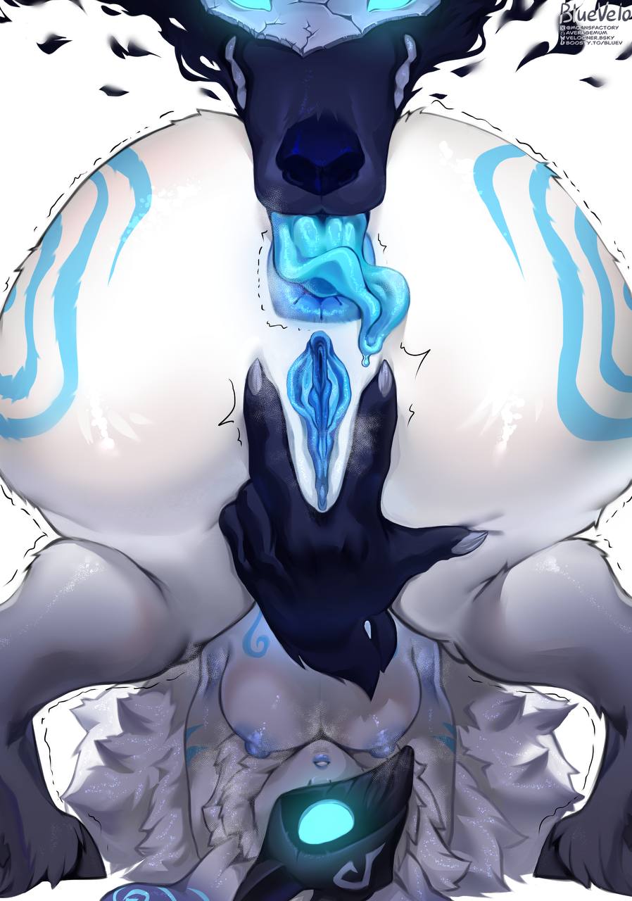 1boy, 1girls, anthro, anus, ass, black fur, blue eyes, blue pussy, bovid, canid, canine, canis, caprine, duo, female, fur, furry, gaping, gaping anus, genitals, highres, kindred, lamb (league of legends), league of legends, mammal, mask, moansfactory, presenting, presenting hindquarters, presenting pussy, pussy, raised tail, riot games, sheep, spread ass, spreading, velo, white fur, wolf, wolf (league of legends)