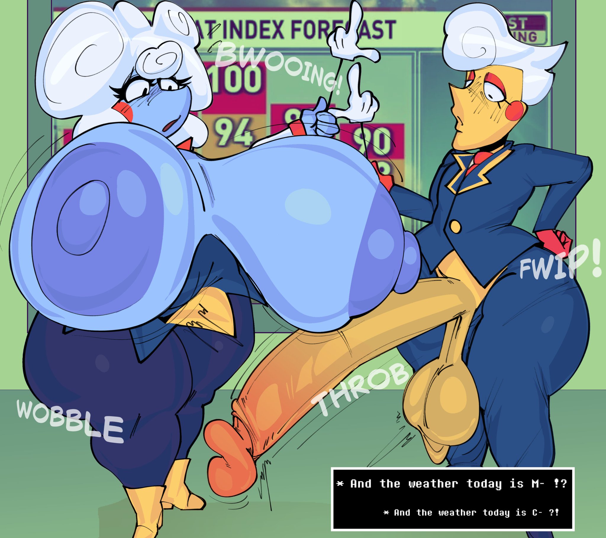 2026, balls, big balls, big breasts, big nipples, big penis, blue body, bottomwear, breasts, broadcast, channel, channel 6 news, clothed, clothing, darkner, deltarune, deltarune chapter 3, dialogue, digital media (artwork), elemental creature, elnina (deltarune), english text, hi res, humanoid, kopokofiart, lanino (deltarune), long penis, news reporter, nipples, penis, skirt, suit, text, topwear, undertale (series), white hair, yellow body