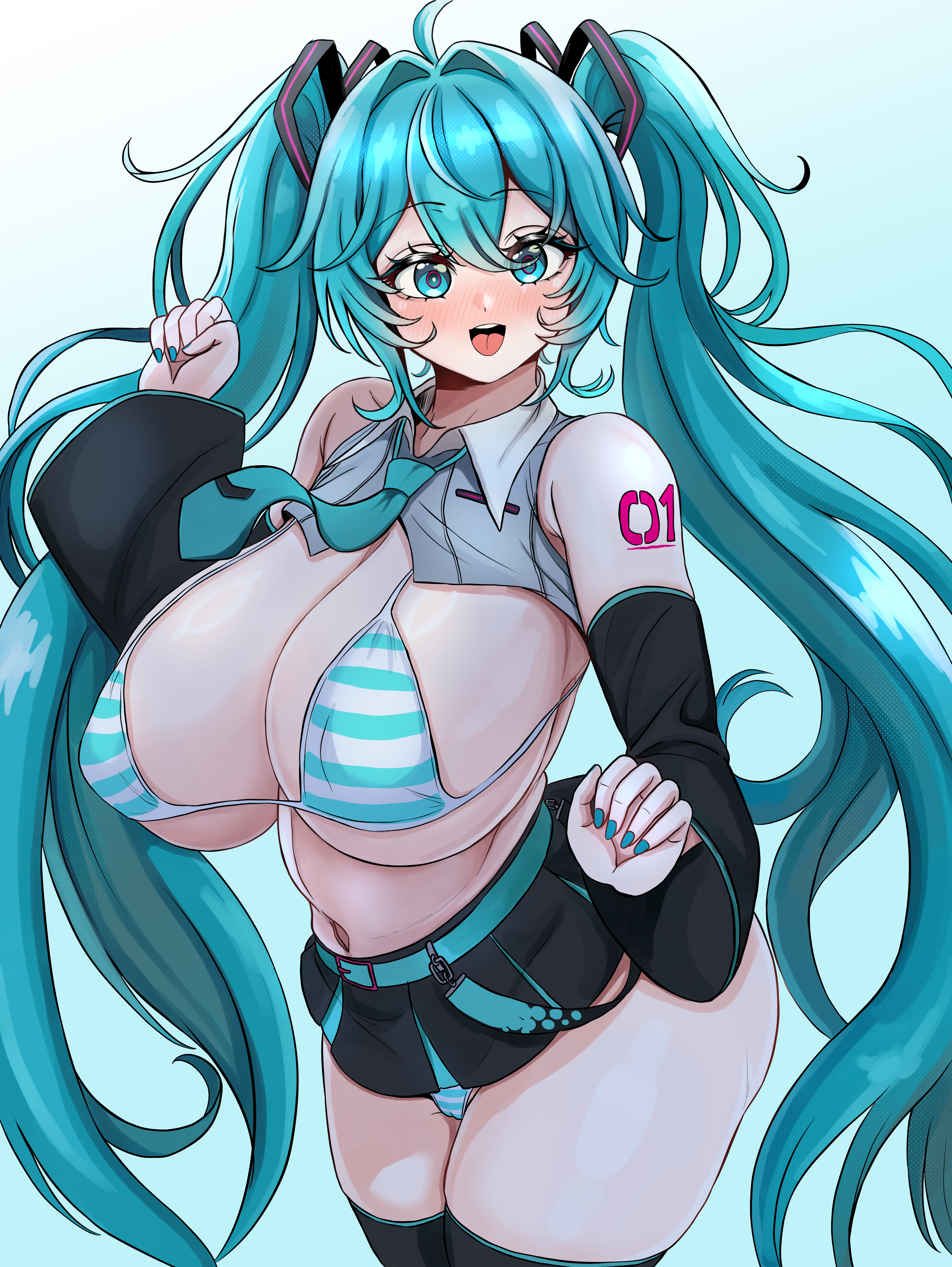:d, 1girl, 1girls, absurdres, adapted costume, alternate breast size, aqua eyes, aqua hair, aqua nails, aqua necktie, bbambi, bikini, blush, boots, breasts, cameltoe, cleavage, covered erect nipples, curvy, detached sleeves, female, female focus, female only, gradient background, hatsune miku, hatsune miku (collared bikini), hatsune miku (vocaloid6), highres, huge breasts, long hair, looking at viewer, matching hair/eyes, microskirt, miniskirt, nail polish, navel, necktie, number tattoo, open mouth, painted fingernails, painted nails, revealing clothes, shrug (clothing), sidelocks, simple background, skirt, smile, solo, striped, striped bikini, striped clothes, striped panties, swimsuit, tattoo, teeth, thick thighs, thigh boots, thighhighs, thighs, tongue, twintails, underwear, upper teeth only, very long hair, vocaloid, vocaloid 6