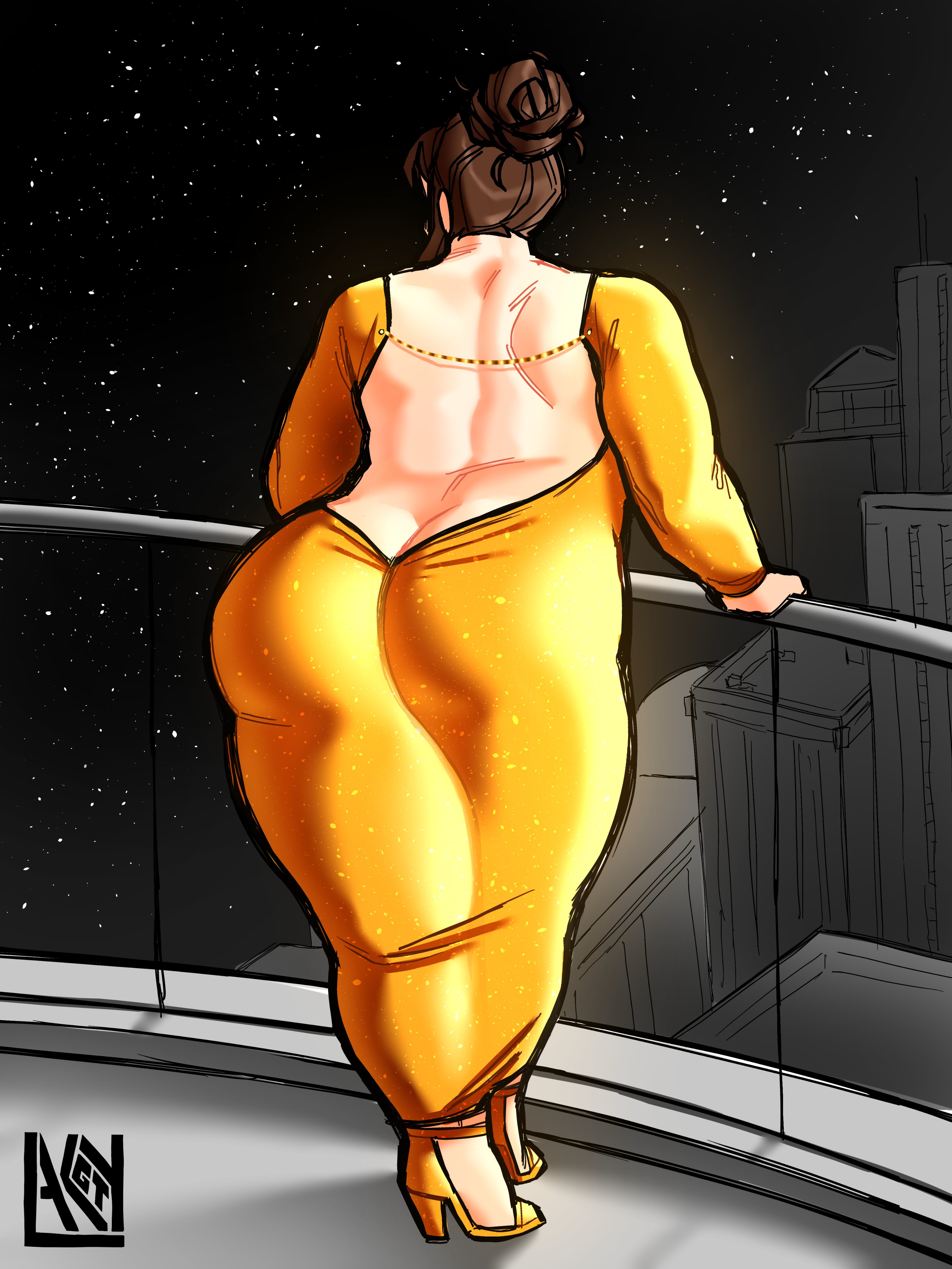 ass, ass focus, back view, backless outfit, big ass, chubby, chubby female, fat ass, gold dress, high heels, lakygt, large ass, mei (overwatch), overwatch, thick, thick ass, thick thighs