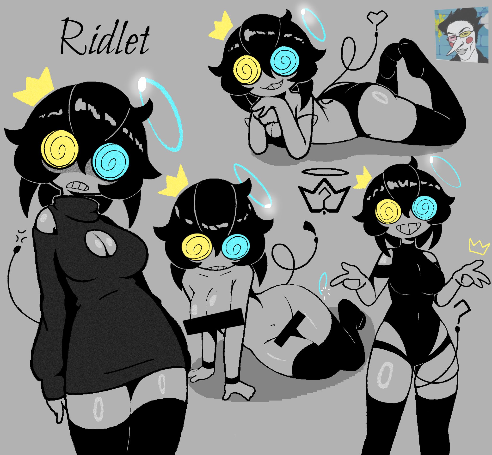 artist request, breasts, censor bar, censored, censored nipples, censored pussy, circular glasses, female, female only, glasses, naked, naked female, nude, nude female, oc, original character, riddledout, ridlet (riddledout), swirly eyes, swirly glasses, thighhighs, thighs