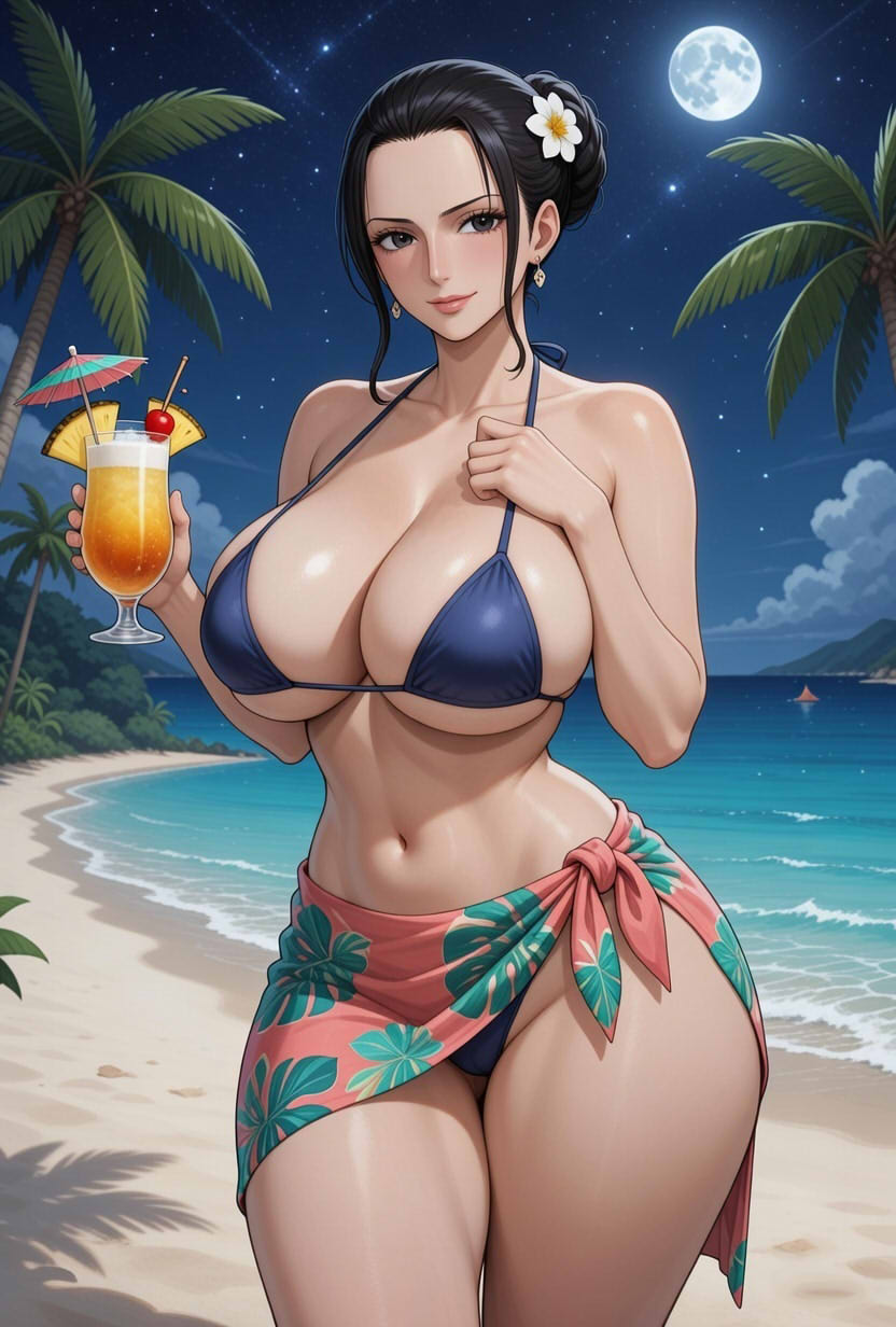 1girls, ai generated, anime style, beach, belly button, bikini, black hair, cleavage, earrings, female, female only, floral print, flower in hair, flower print, grok, hair bun, hair strand, hand on chest, holding drink, hourglass figure, large breasts, light-skinned female, looking at viewer, micro bikini, midriff, nico robin, ocean, ocean background, one piece, palm tree, panties peek, pattern clothing, rgomez007, sarong, self upload, solo female, standing, thick thighs, tropical, tropical drink, underboob, updo, wide hips