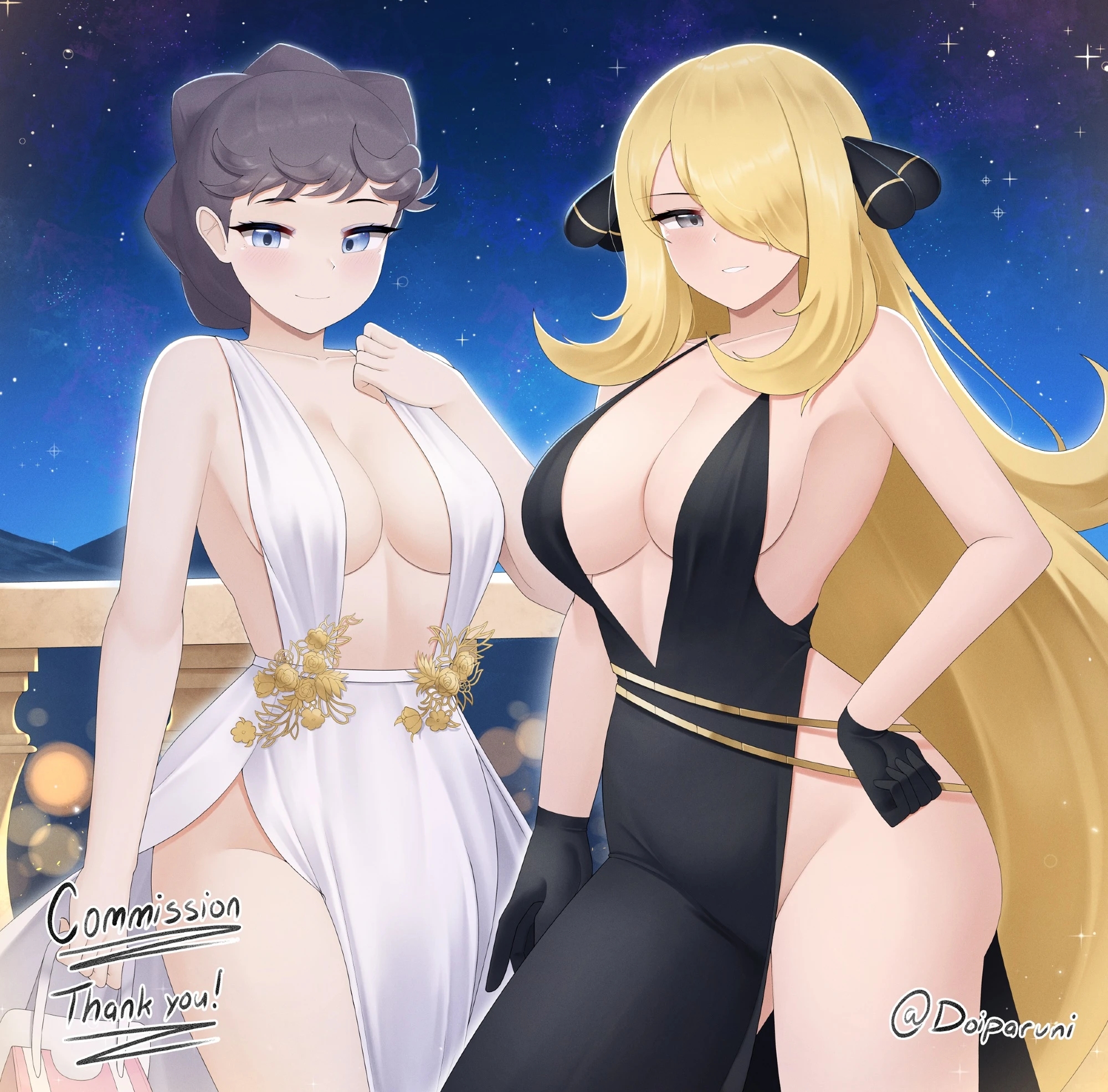 2girls, black dress, commission, cynthia (pokemon), diantha (pokemon), doiparuni, dress, elegant dress, human artist, no ai, pokemon, pokemon champion, pokemon dppt, pokemon trainer, pokemon xy, spaghetti strap, starry sky, white dress