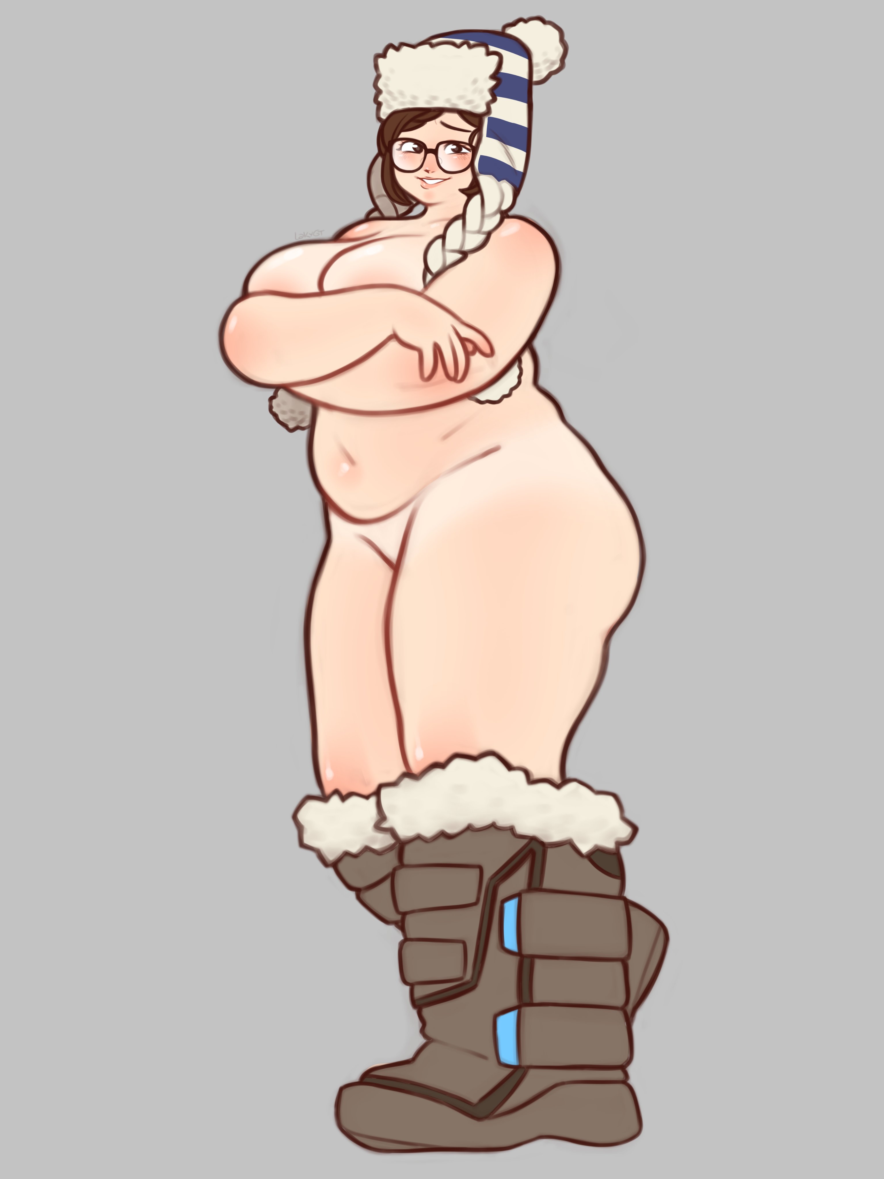almost naked, ass, big breasts, chubby, chubby female, completely nude, completely nude female, covering breasts, curves, fat ass, glasses, hat, lakygt, looking at viewer, mei (overwatch), overwatch, semi nude, smiling, smiling at viewer, thighs