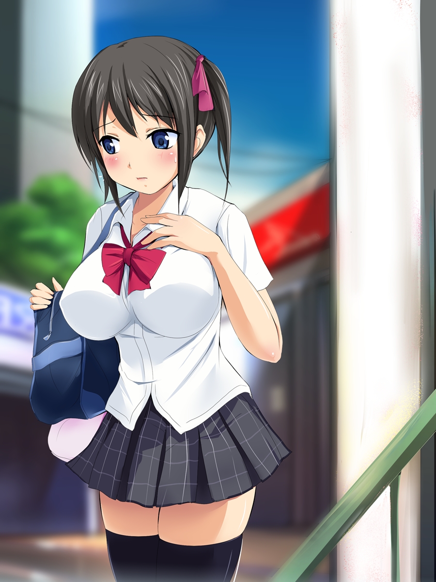 1girls bag big_breasts black_hair blue_eyes blush breasts detailed_background dixie enkou_heya_no_shoujo female female_only hair_ornament huge_breasts large_breasts looking_down red_bow school_uniform shy skirt solo stockings thighhighs tied_hair zettai_ryouiki