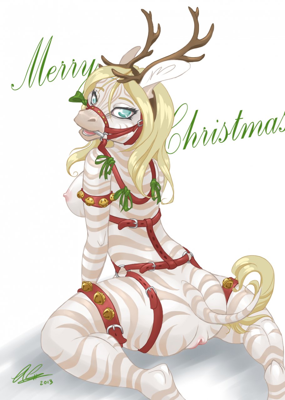 2013 albino anthro antlers armband blackdahlia blonde_hair bow breasts bridle equine eyelashes fake_antlers female hair horn kneeling looking_at_viewer mammal open_mouth pussy ribbons simple_background solo teal_eyes white_background zebra