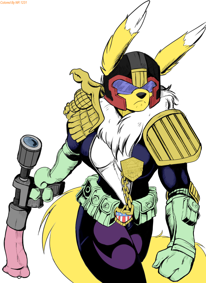 2015 animal_genitalia anthro breasts canine cleavage clothed clothing crossover digimon dildo dildo_gun equine_dildo female fox fur furry furry_only gun judge_dredd judge_dredd_(franchise) mammal ranged_weapon renamon sex_toy solo unzipped weapon yawg