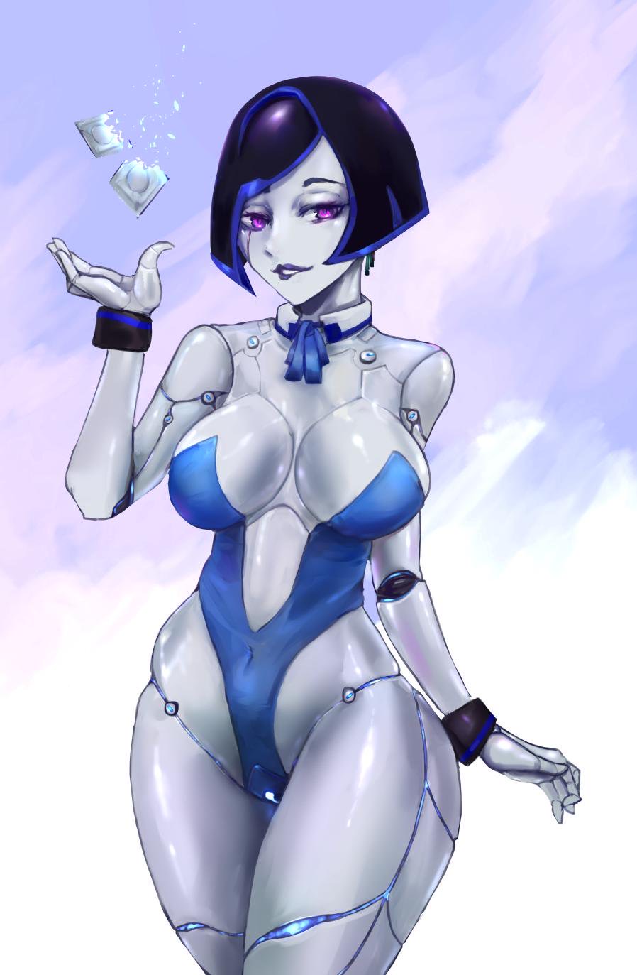 1girls android biting_lip blue_hair bob_cut condom_packet demi_(subverse) female female_only gynoid hessra naughty_face purple_eyes robot robot_girl short_hair solo subverse