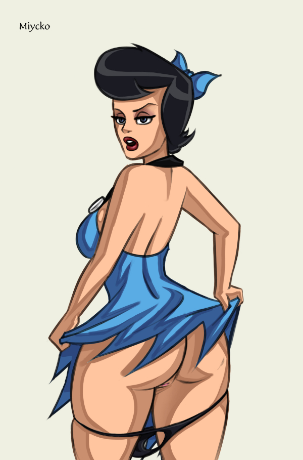 ass betty_rubble dark_hair dat_ass female female_only hanna-barbera human lipstick looking_at_viewer looking_back miycko pussy solo the_flintstones thong thong_around_legs