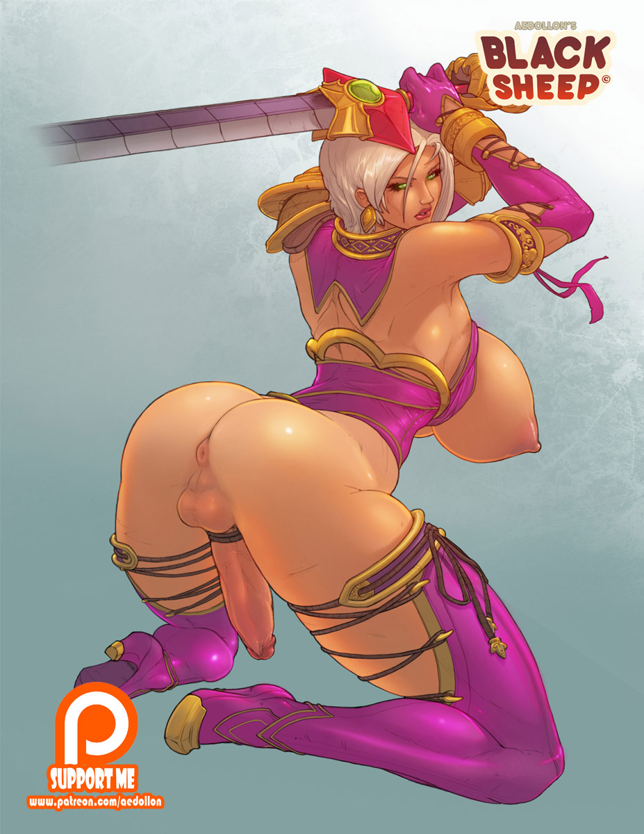 1futa, aedollon, anus, areola, armlet, armor, ass, backsack, balls, ballsack, bare shoulders, breasts, clothed, cock-tail, collar, curvy, earrings, elbow gloves, erect nipples, erection, futa only, futa sans pussy, futanari, gloves, green eyes, hanging breasts, high heels, huge breasts, intersex, isabella valentine, kneeling, large ass, large penis, leotard, looking back, namco, nipples, nude, penis, perineum, purple gloves, purple legwear, short hair, sideboob, simple background, sleeveless, solo, soul calibur, sword, taint, thick thighs, thighhighs, thong leotard, uncensored, underboob, weapon, white hair