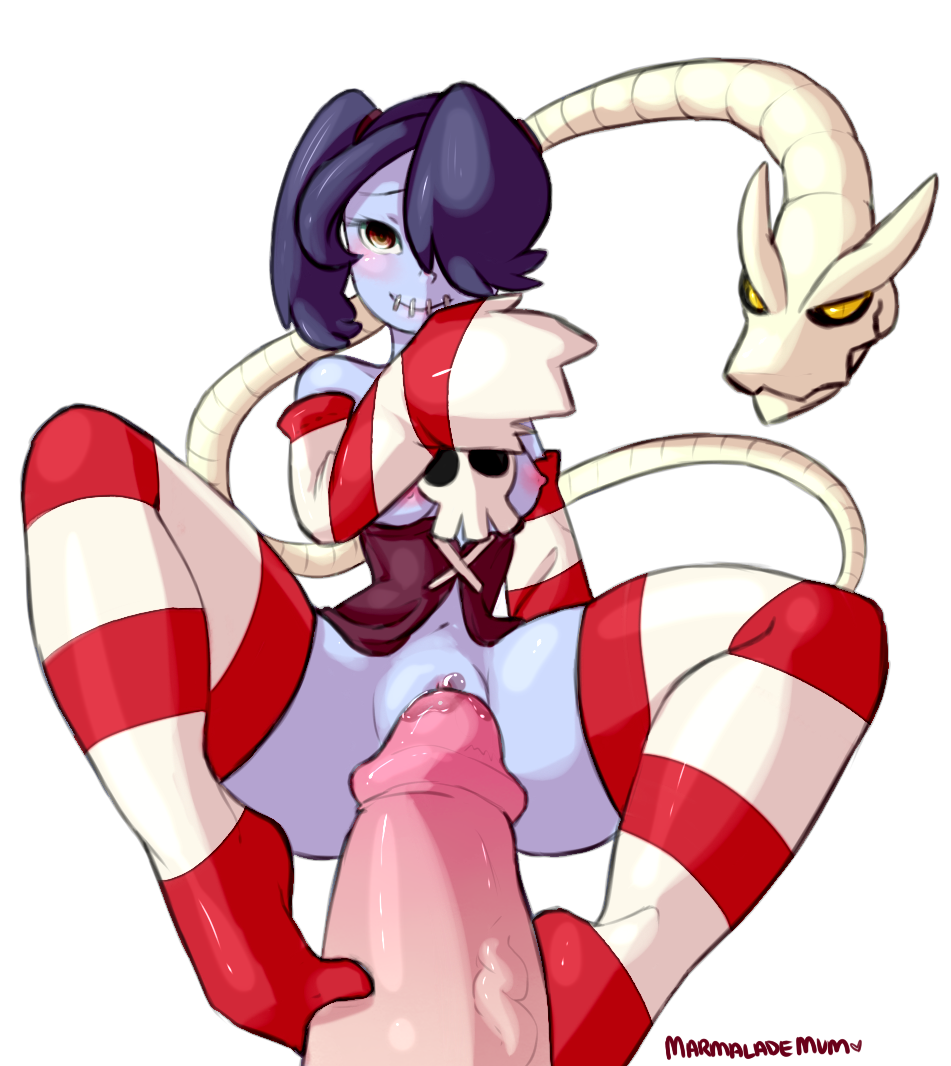 asymmetrical_hair black_hair blue_skin blush bone breasts detached_sleeves female footjob hair_over_one_eye leviathan_(skullgirls) male marmalademum nipples penis precum side_ponytail simple_background skullgirls smile spread_legs squigly stitched_mouth striped striped_legwear striped_sleeves thighhighs white_background zombie