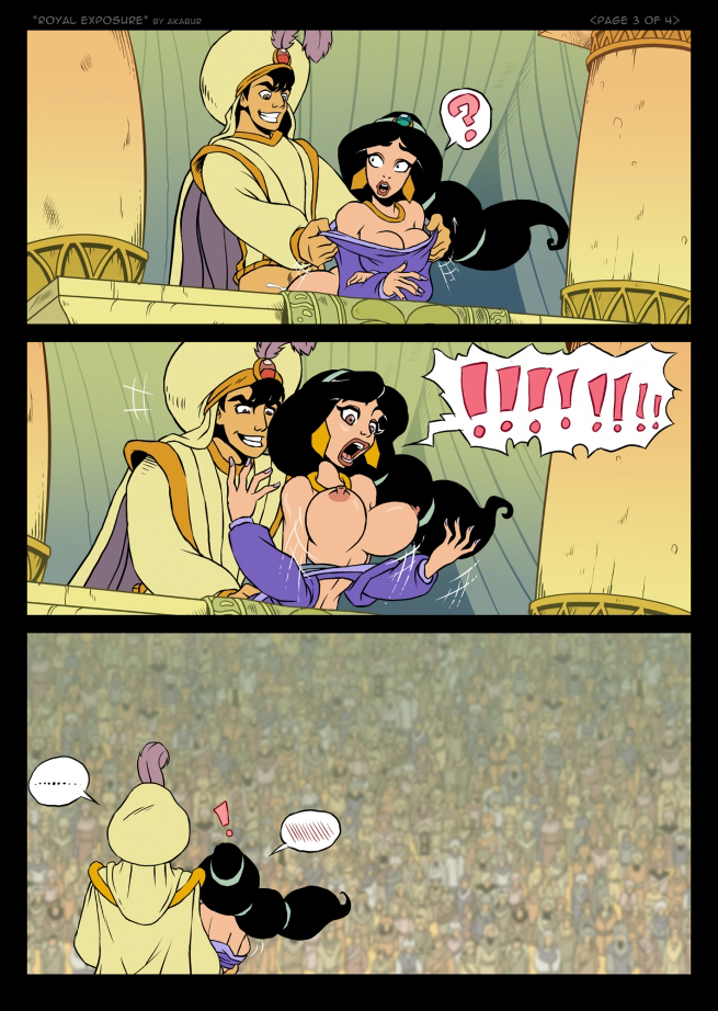 ..., 1boy, 1girls, akabur, aladdin, aladdin (character), areolae, ashamed, assisted exposure, audience, backboob, black hair, bouncing breasts, breast jiggle, breasts, breasts out, cleavage, color, comic, crowd, curvy, disney, disney prince, disney princess, erect nipples, exclamation, exhibitionism, exposed, exposed nipples, female, from behind, huge breasts, human, humiliation, long hair, male, male with female, nipples, no bra, outdoor sex, princess jasmine, public exposure, public sex, shame, straight, top pulled down, underboob