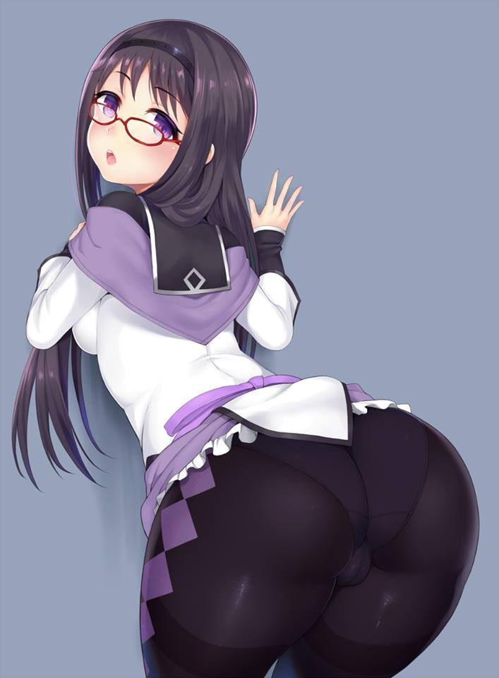 against_wall akemi_homura big_butt black_hair butt cameltoe fat_ass female female_only glasses huge_butt human large_butt mahou_shoujo_madoka_magica pantyhose purple_eyes solo yomomirin