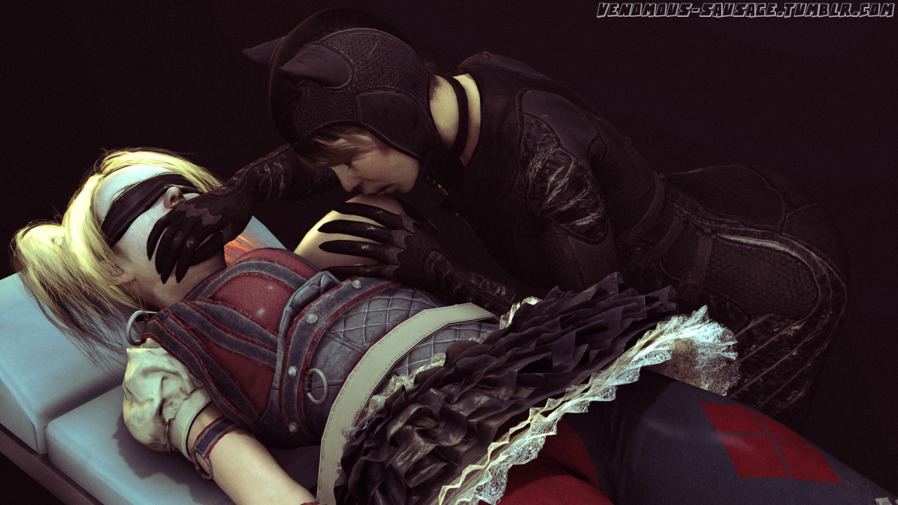 3d, animal ears, batman (series), batman: arkham knight, black hair, blindfold, blonde hair, bodysuit, breast grab, breasts, catwoman, catwoman (arkham knight), catwoman (arkham), clothes, corset, dc, dc comics, facepaint, female, harley quinn, harley quinn (arkham knight), harley quinn (arkham), large breasts, long hair, multicolored hair, multiple females, multiple girls, red hair, selina kyle, skirt, source filmmaker, tied hair, twintails, venomous sausage, yuri