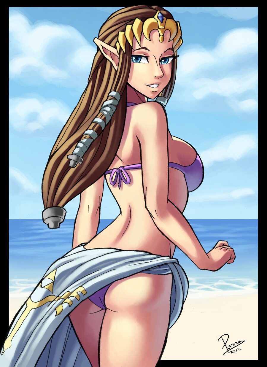 1girls ass beach bikini blue_eyes brown_hair female female_only hylian long_hair nintendo parsujera pointy_ears princess_zelda solo the_legend_of_zelda twilight_princess zelda_(twilight_princess)