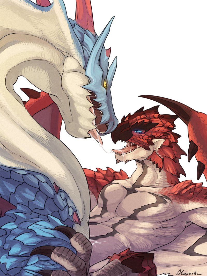 alasurth blue_eyes blue_scales capcom cum feral flying_wyvern lagiacrus male monster_hunter open_mouth pecs rathalos red_scales saliva scalie sex simple_background tongue video_games white_background wings wyvern yaoi yellow_eyes